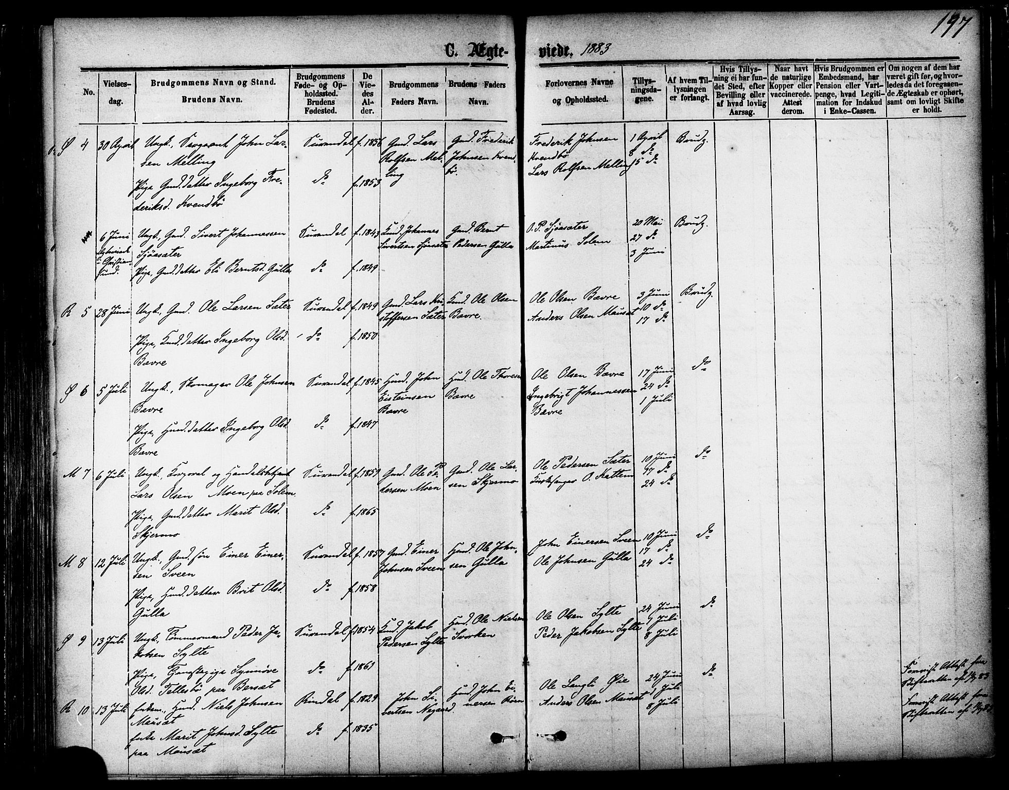 Ministerialprotokoller, klokkerbøker og fødselsregistre - Møre og Romsdal, AV/SAT-A-1454/595/L1046: Parish register (official) no. 595A08, 1874-1884, p. 197