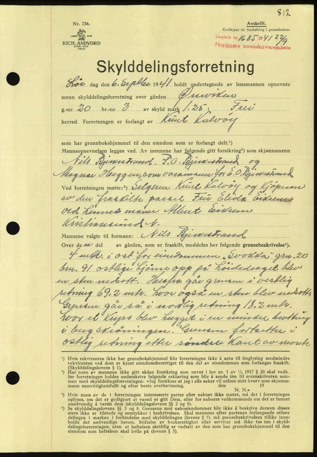Nordmøre sorenskriveri, SAT/A-4132/1/2/2Ca: Mortgage book no. A90, 1941-1941, Diary no: : 1685/1941