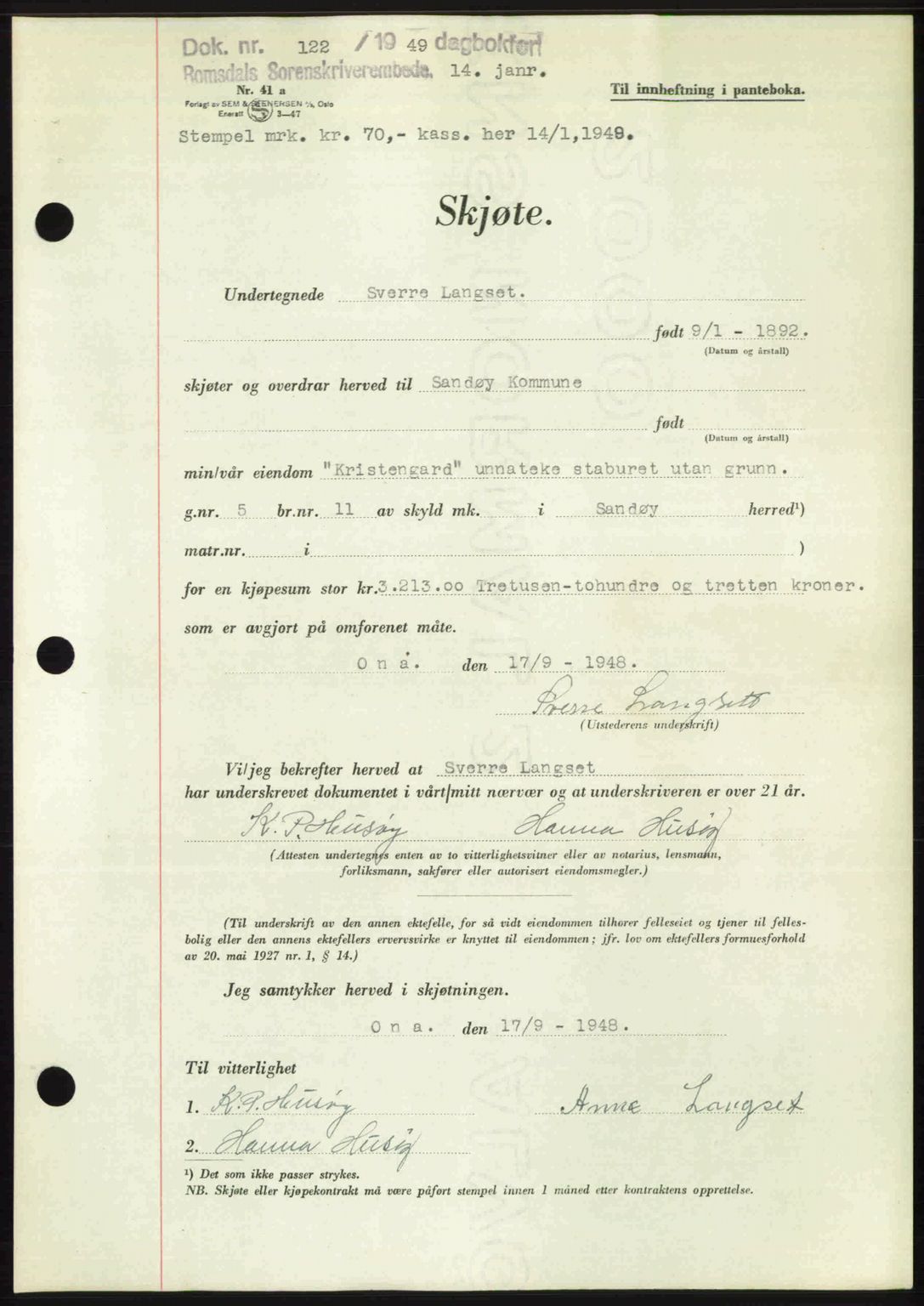 Romsdal sorenskriveri, AV/SAT-A-4149/1/2/2C: Mortgage book no. A28, 1948-1949, Diary no: : 122/1949