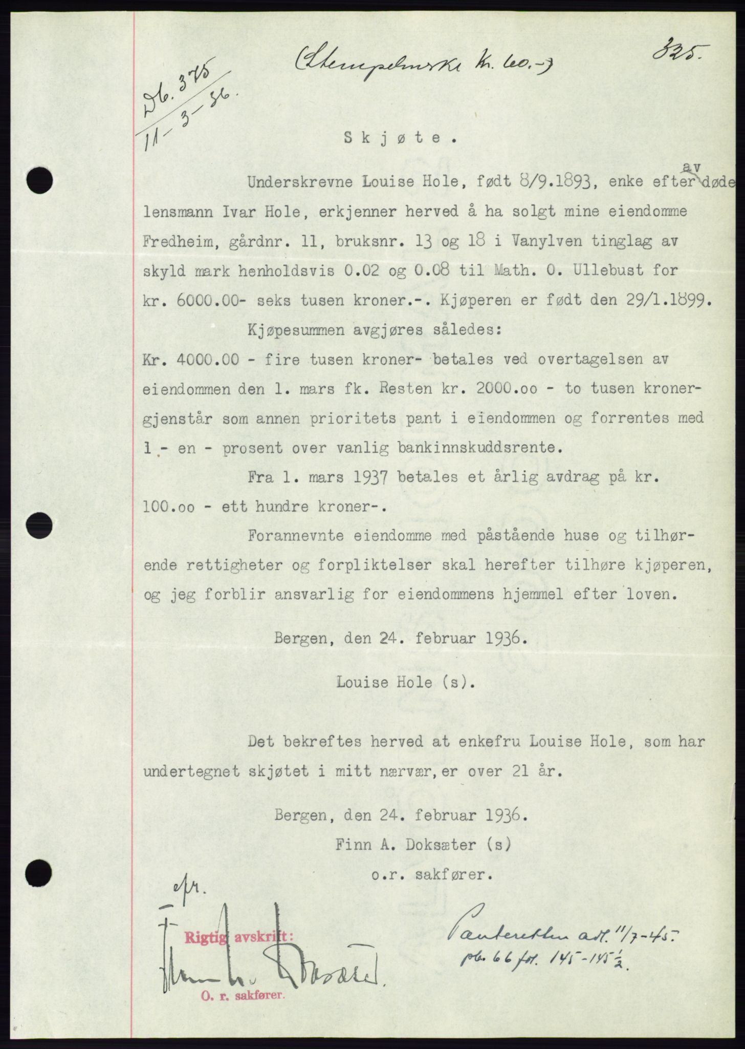 Søre Sunnmøre sorenskriveri, AV/SAT-A-4122/1/2/2C/L0060: Mortgage book no. 54, 1935-1936, Deed date: 11.03.1936