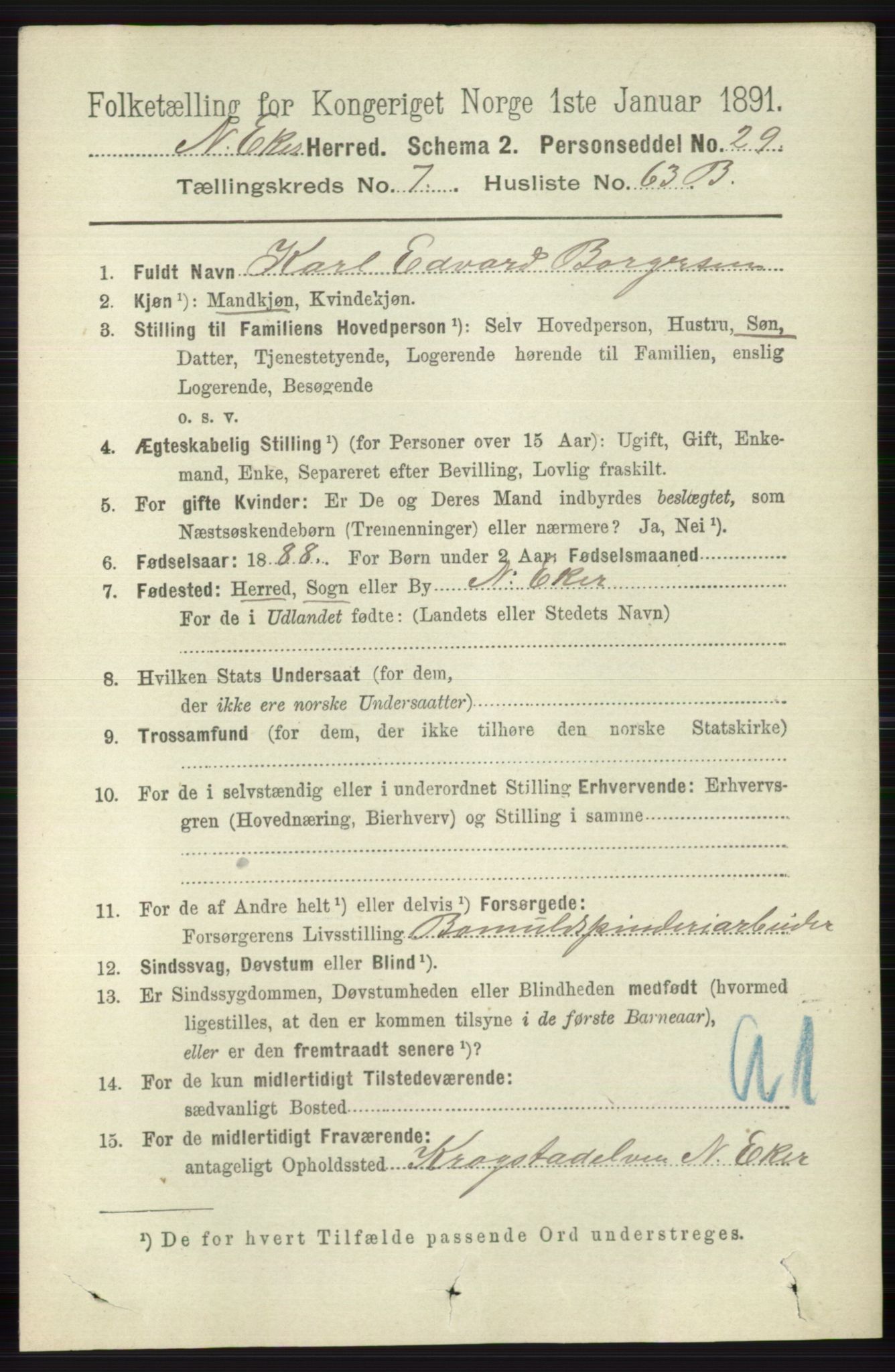 RA, 1891 census for 0625 Nedre Eiker, 1891, p. 3890