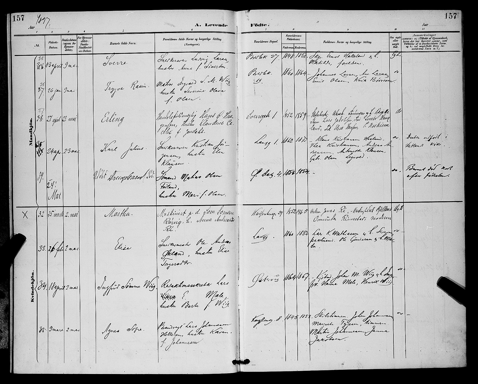 St. Petri sokneprestkontor, AV/SAST-A-101813/001/30/30BB/L0006: Parish register (copy) no. B 6, 1890-1897, p. 157