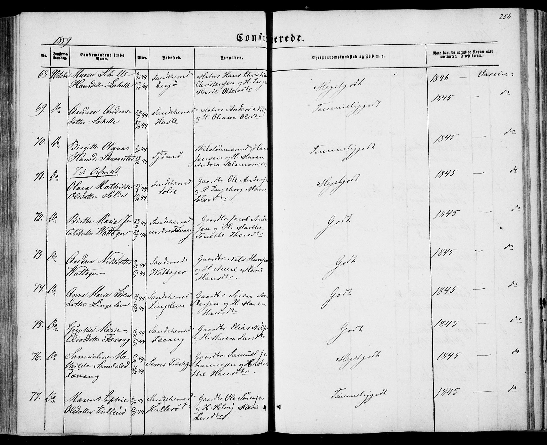 Sandar kirkebøker, AV/SAKO-A-243/F/Fa/L0007: Parish register (official) no. 7, 1855-1861, p. 254