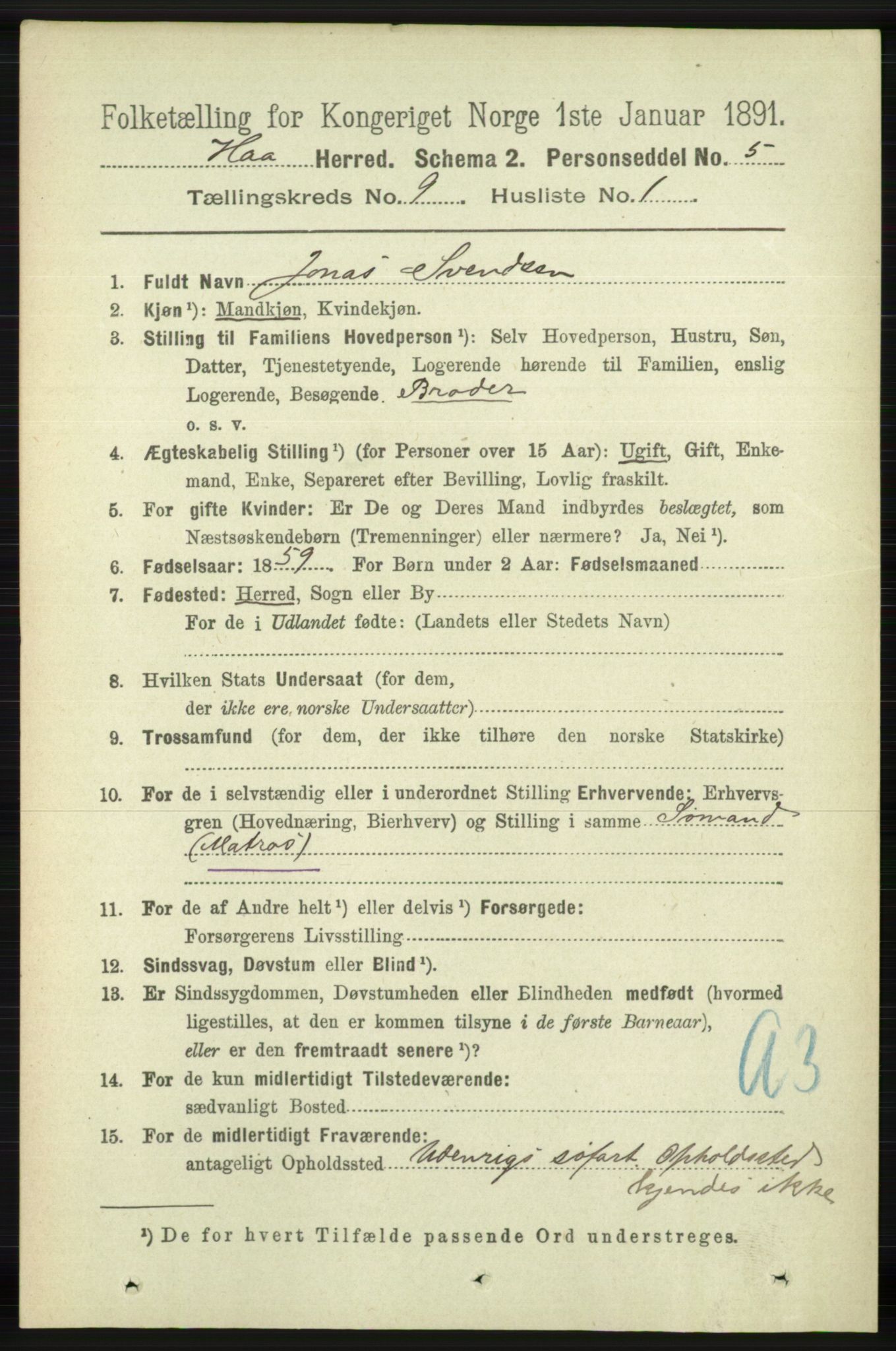 RA, 1891 census for 1119 Hå, 1891, p. 2199