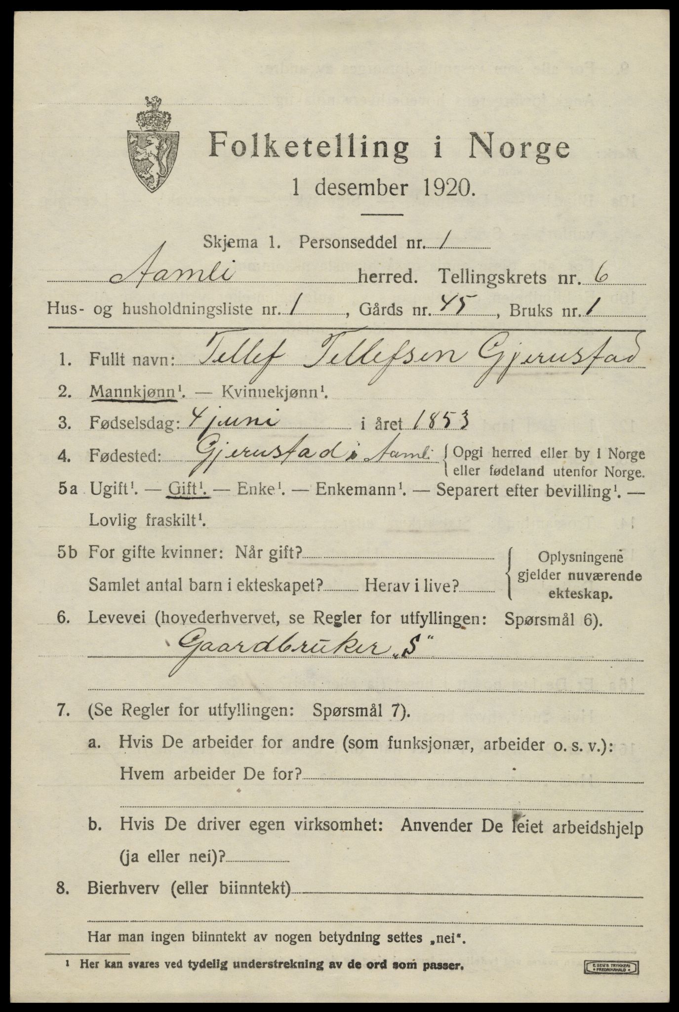 SAK, 1920 census for Åmli, 1920, p. 2649