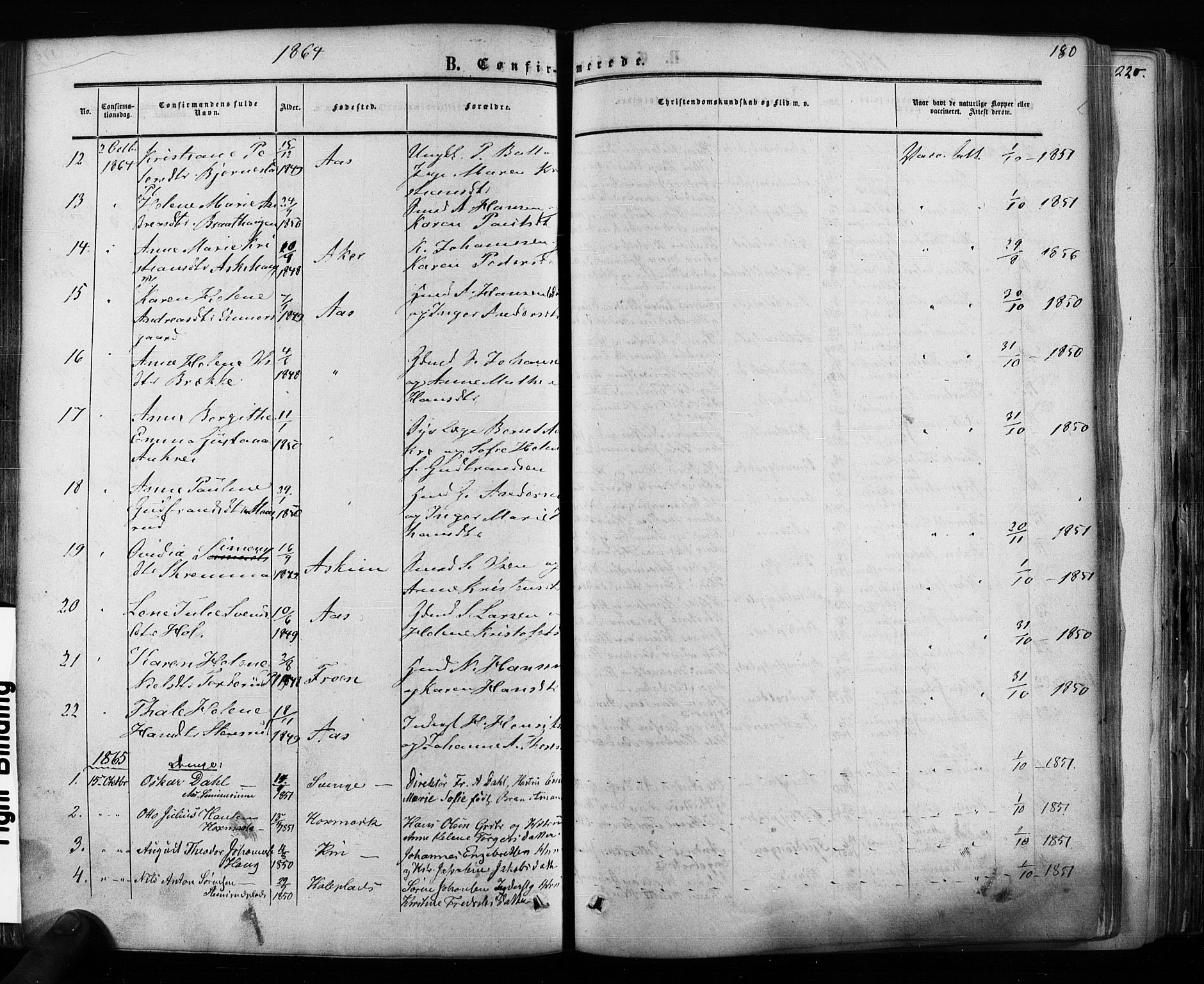 Ås prestekontor Kirkebøker, AV/SAO-A-10894/F/Fa/L0007: Parish register (official) no. I 7, 1854-1870, p. 180