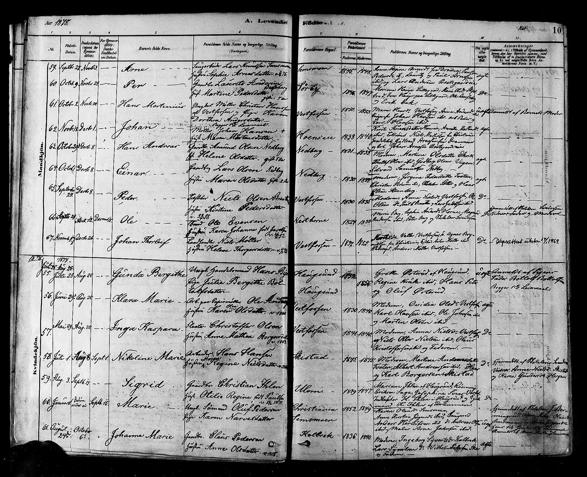 Eiker kirkebøker, SAKO/A-4/F/Fb/L0001: Parish register (official) no. II 1, 1878-1888, p. 10