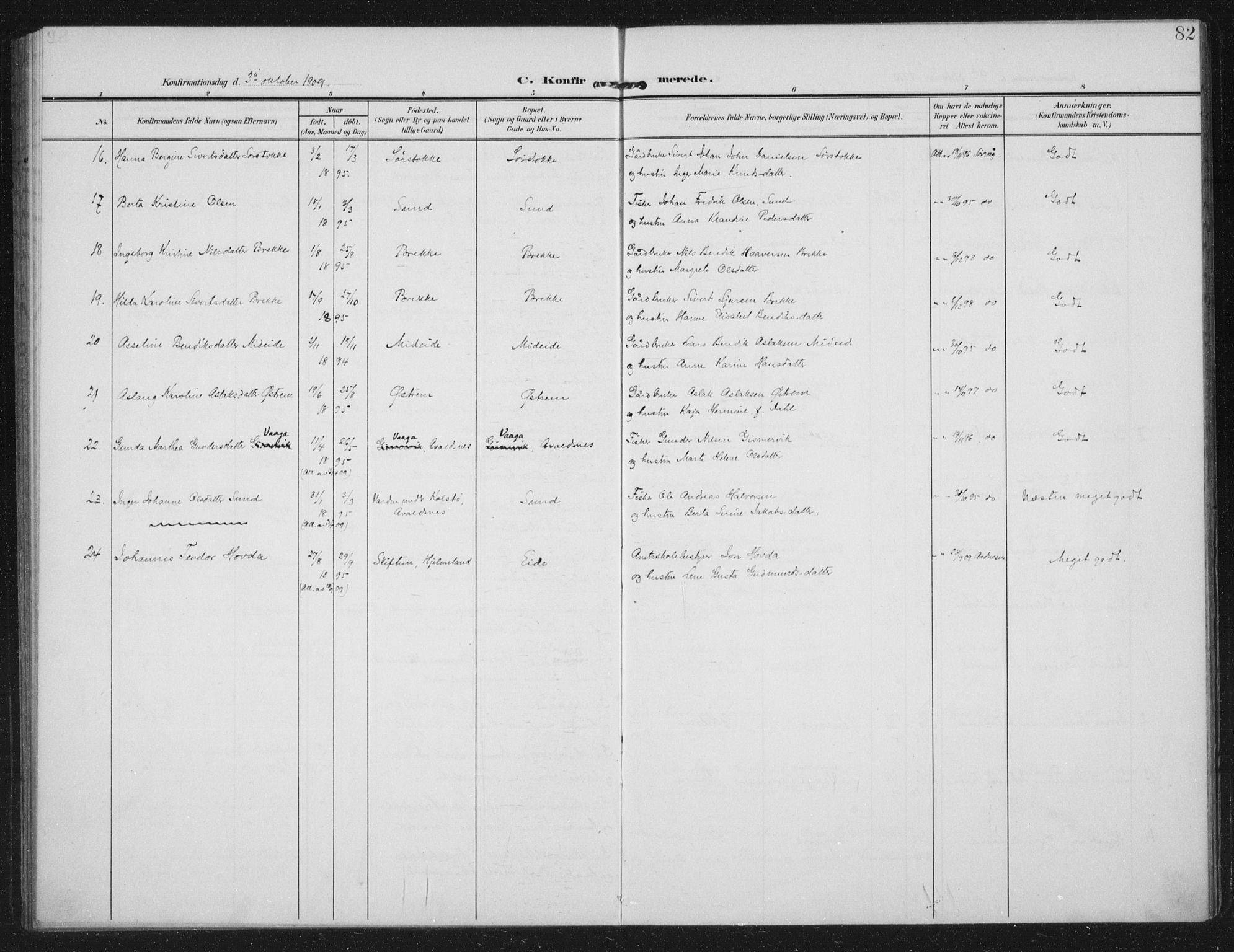 Kopervik sokneprestkontor, AV/SAST-A-101850/H/Ha/Haa/L0003: Parish register (official) no. A 3, 1906-1924, p. 82