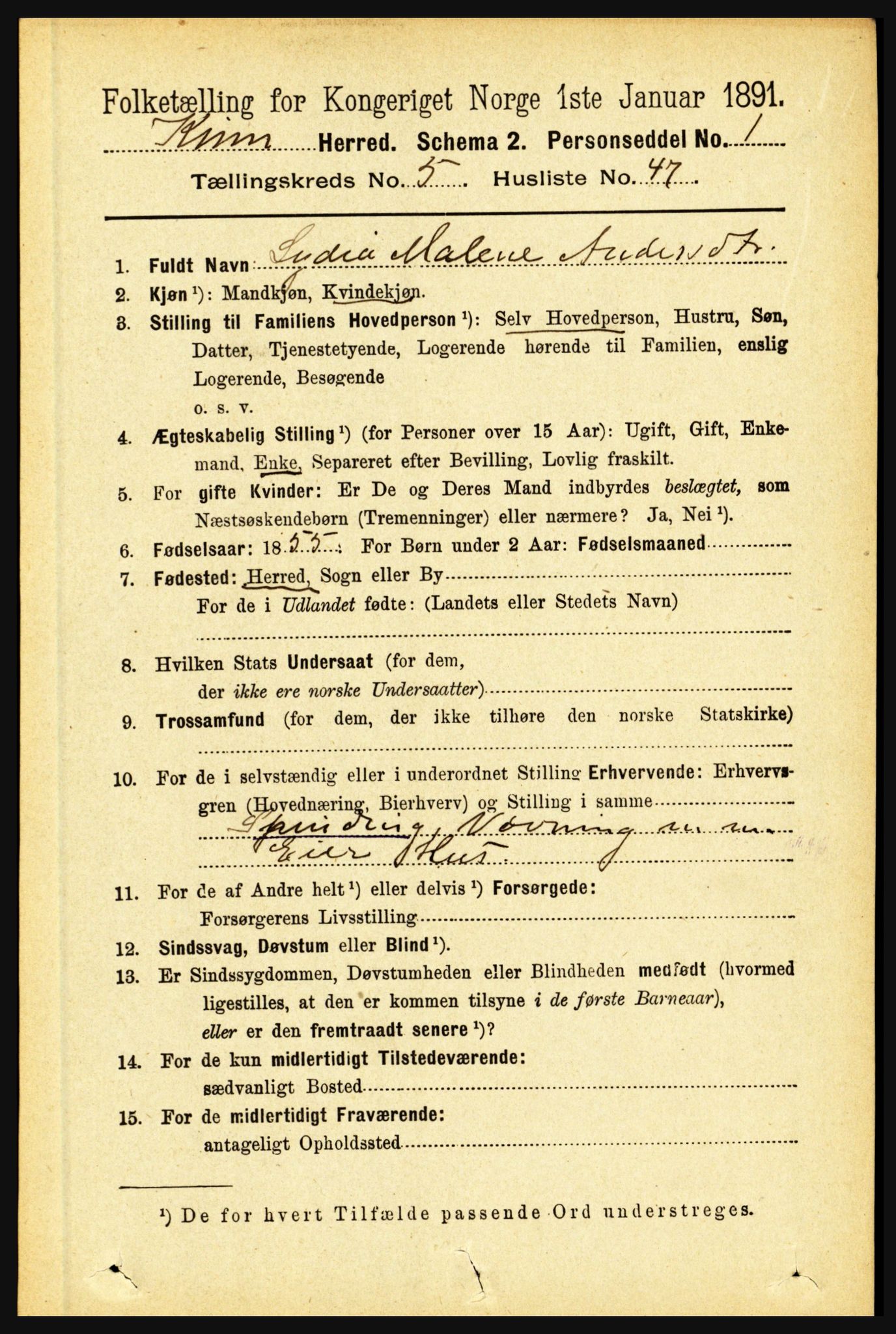 RA, 1891 census for 1437 Kinn, 1891, p. 2074