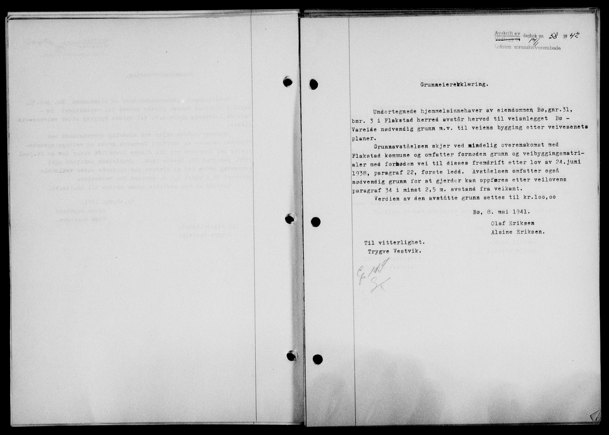 Lofoten sorenskriveri, SAT/A-0017/1/2/2C/L0009a: Mortgage book no. 9a, 1941-1942, Diary no: : 58/1942