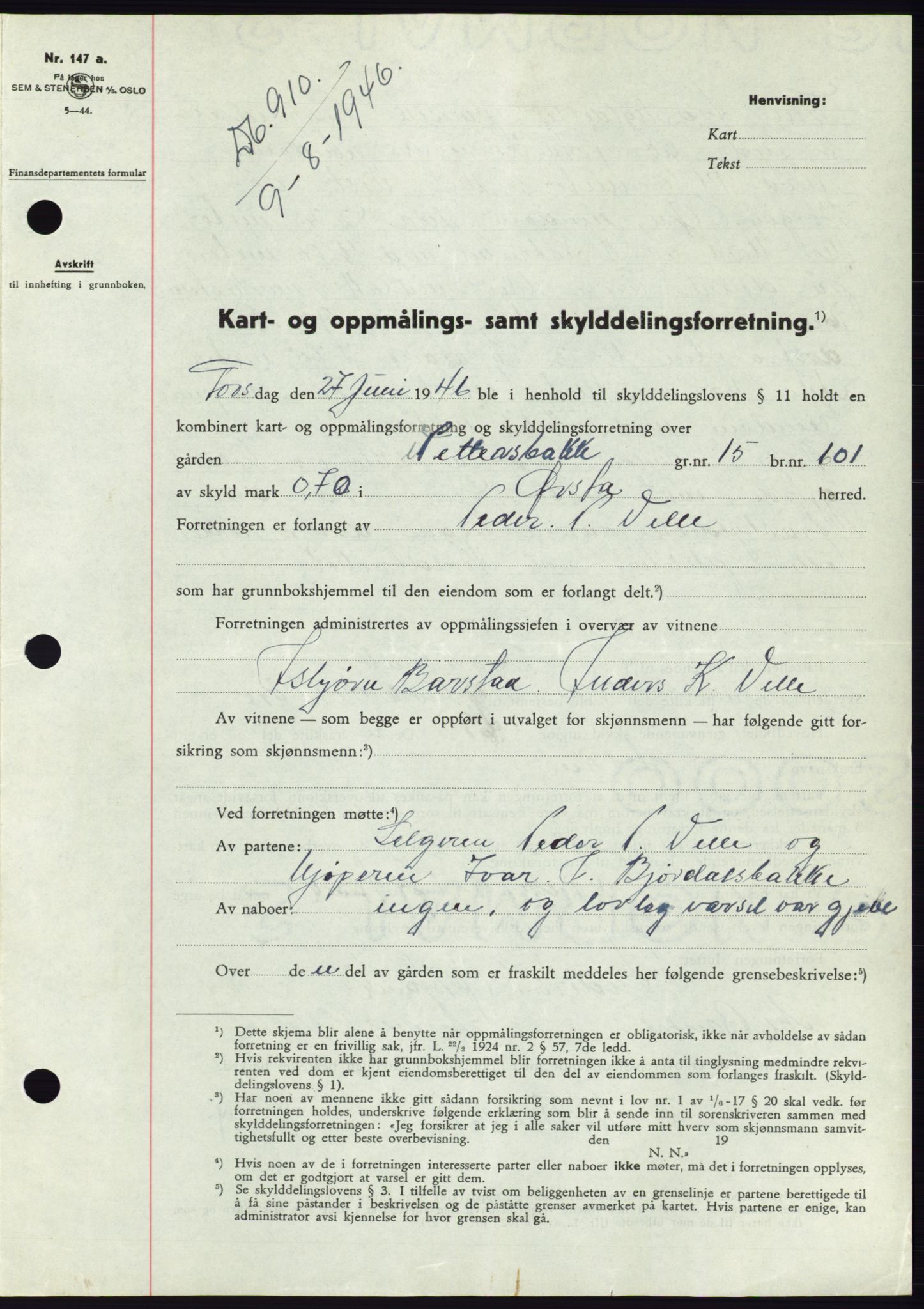 Søre Sunnmøre sorenskriveri, AV/SAT-A-4122/1/2/2C/L0078: Mortgage book no. 4A, 1946-1946, Diary no: : 910/1946