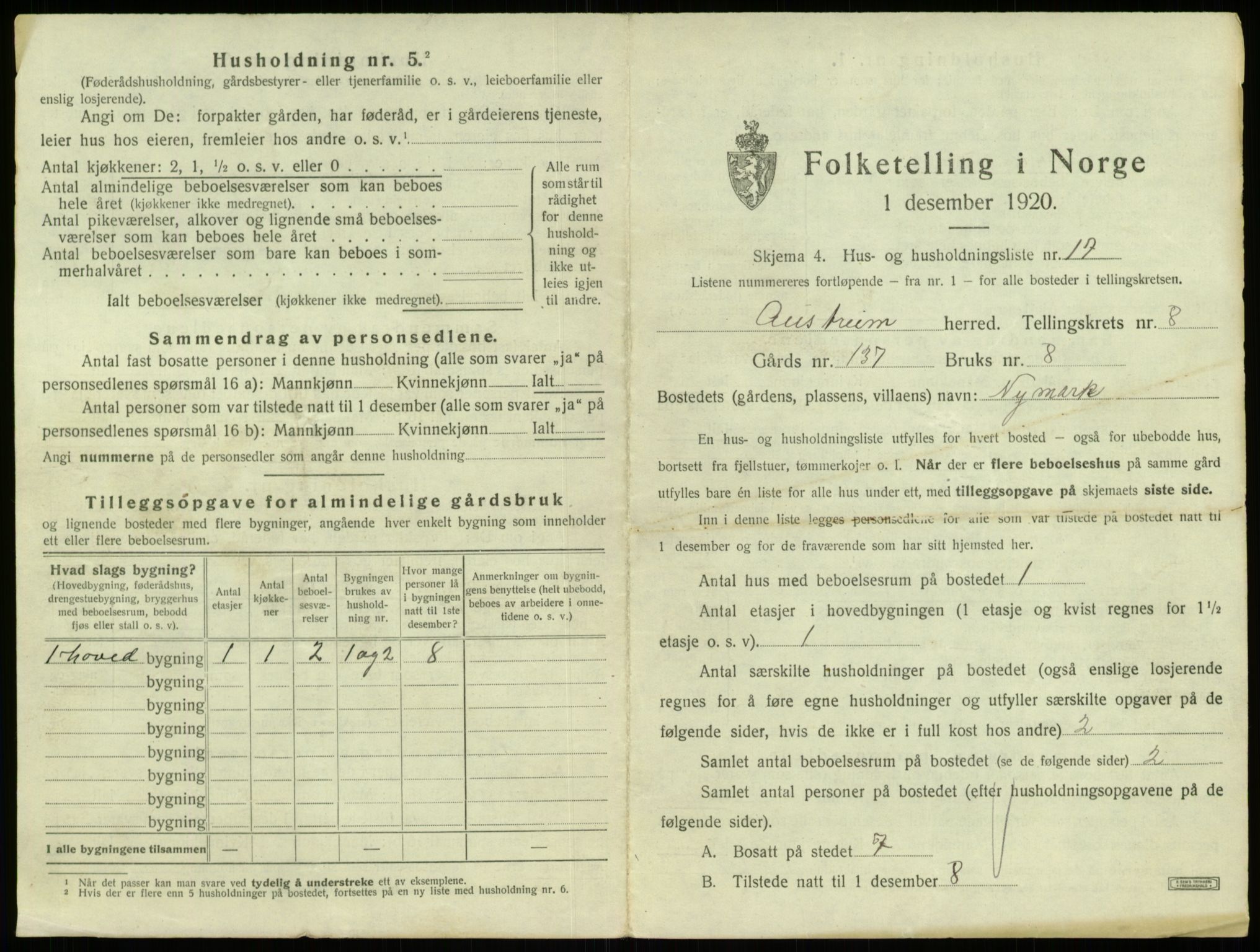 SAB, 1920 census for Austrheim, 1920, p. 416