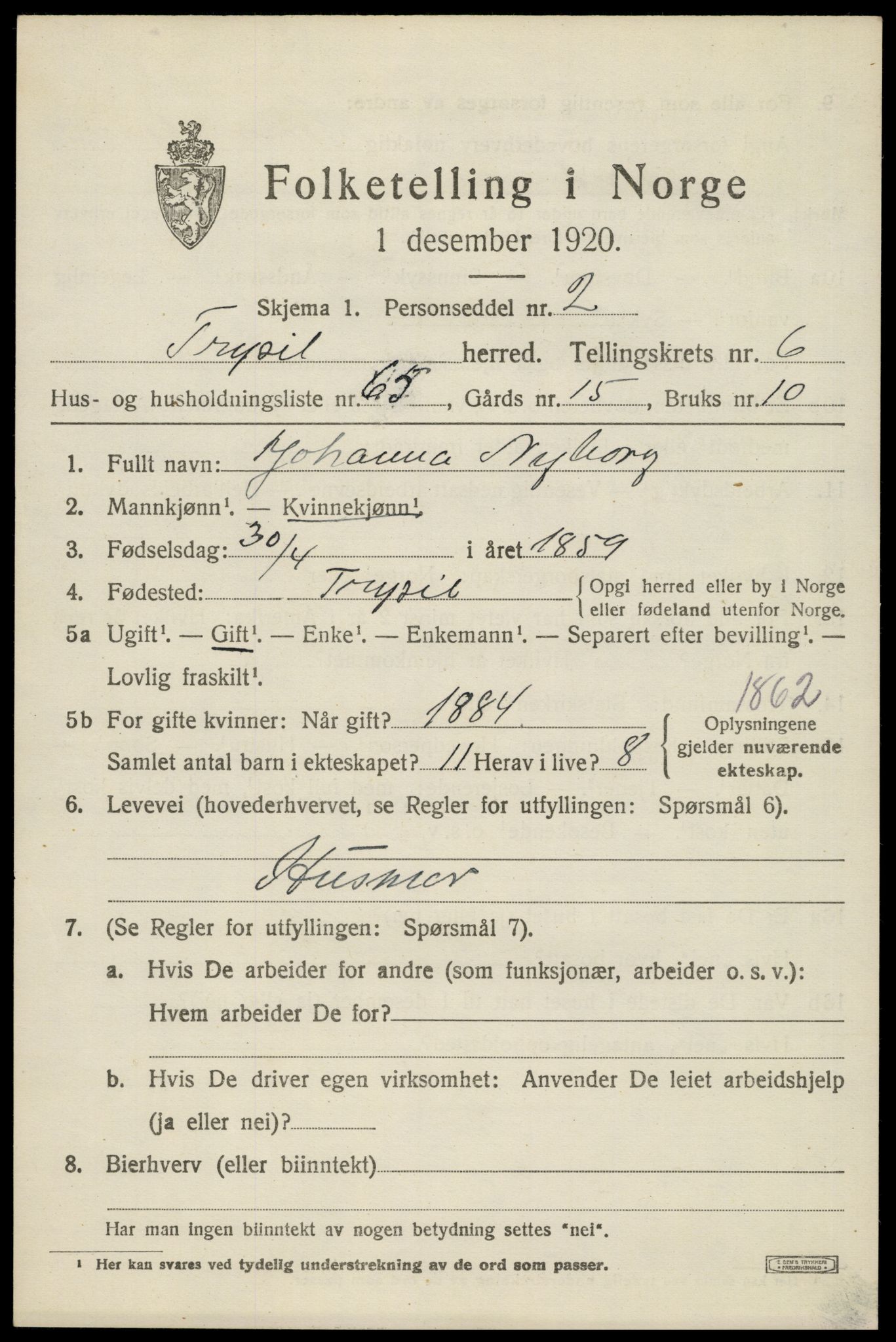 SAH, 1920 census for Trysil, 1920, p. 5217