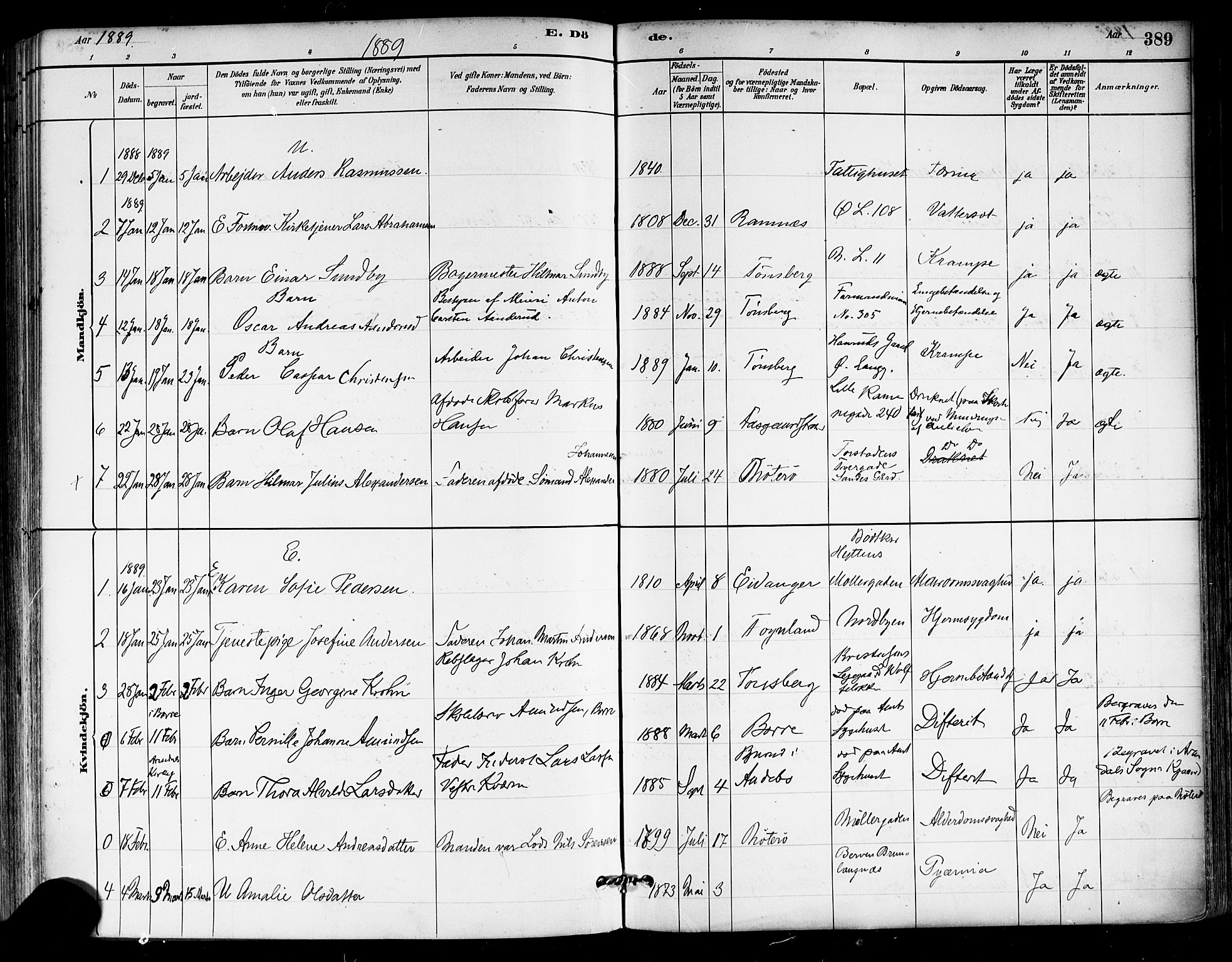 Tønsberg kirkebøker, SAKO/A-330/F/Fa/L0011: Parish register (official) no. I 11, 1881-1890, p. 389