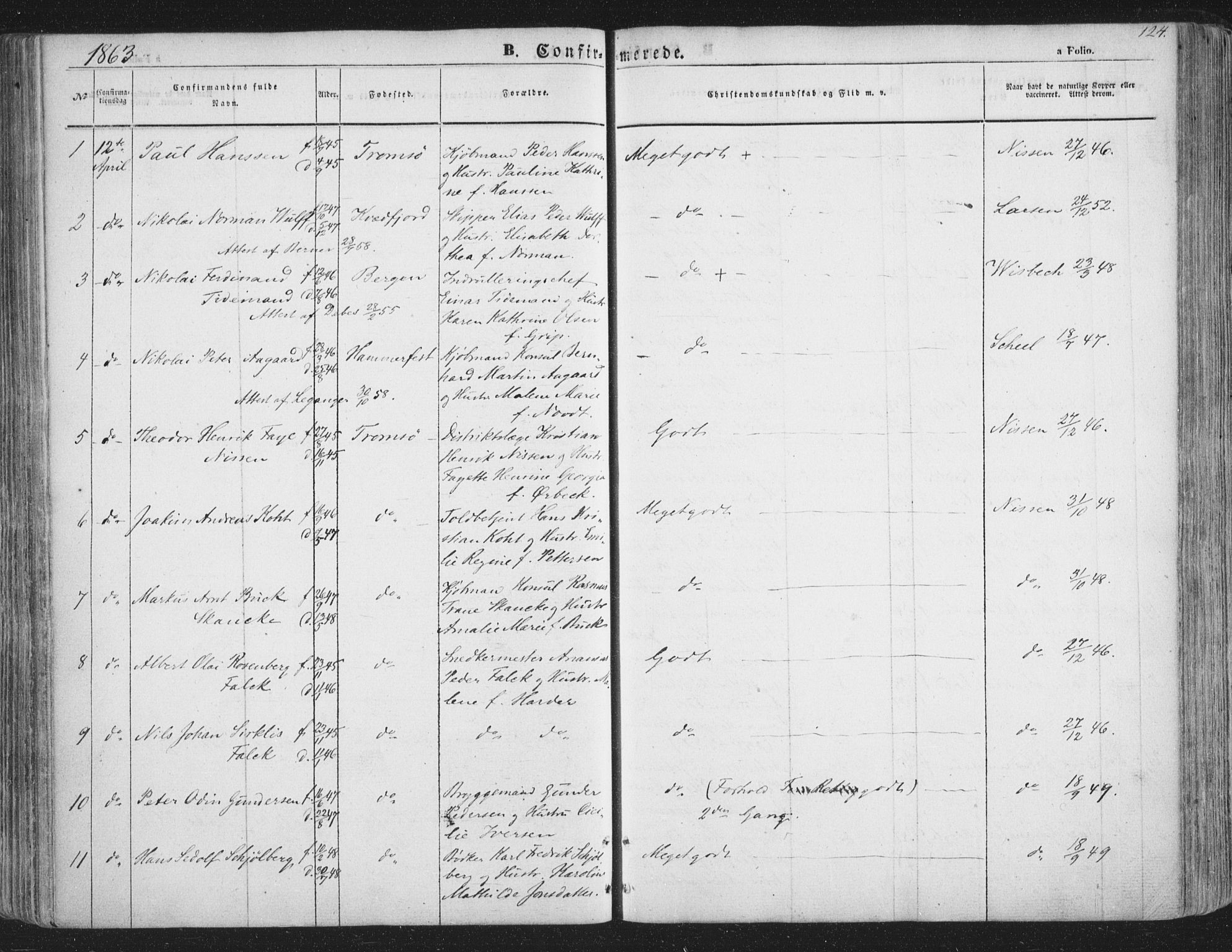 Tromsø sokneprestkontor/stiftsprosti/domprosti, SATØ/S-1343/G/Ga/L0011kirke: Parish register (official) no. 11, 1856-1865, p. 124