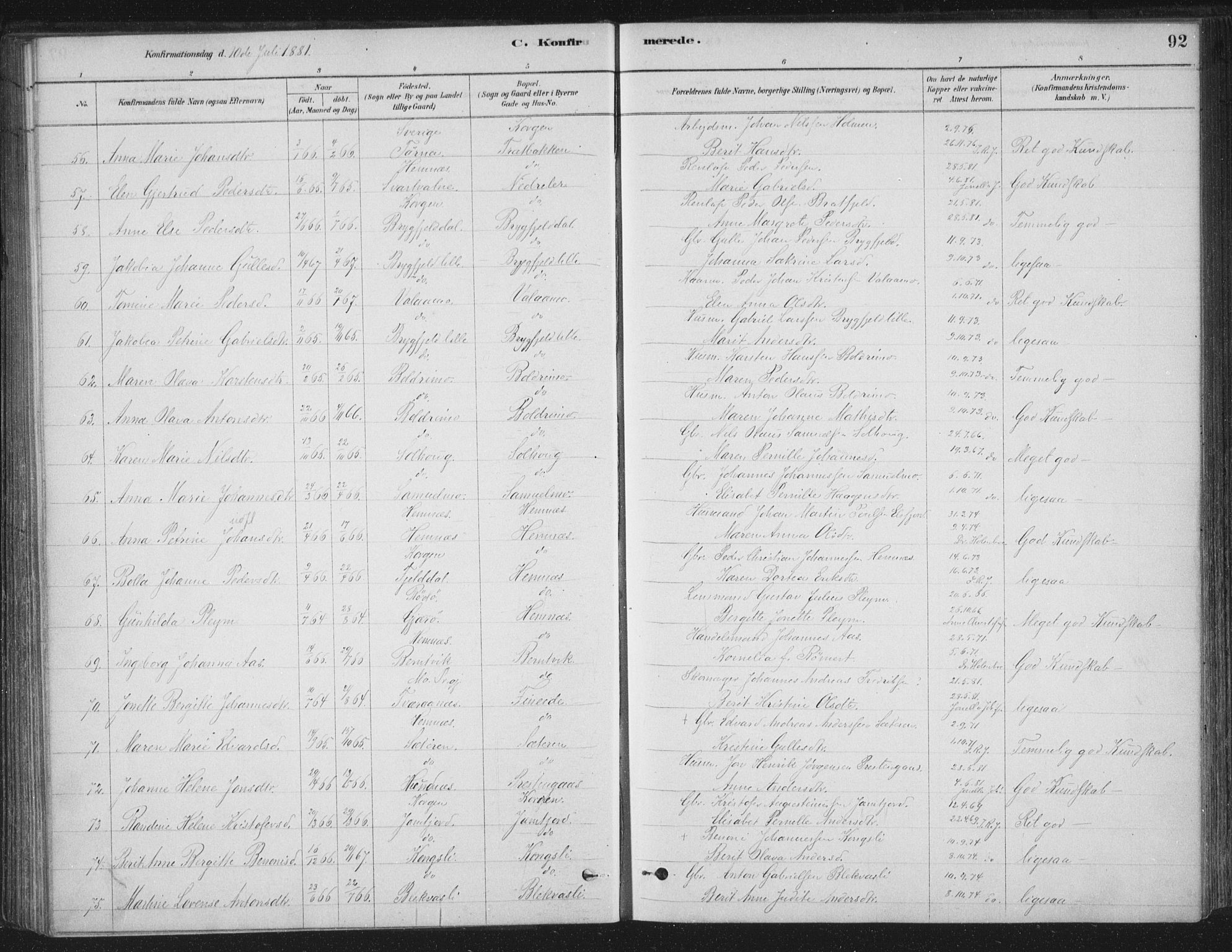 Ministerialprotokoller, klokkerbøker og fødselsregistre - Nordland, AV/SAT-A-1459/825/L0361: Parish register (official) no. 825A15, 1878-1893, p. 92