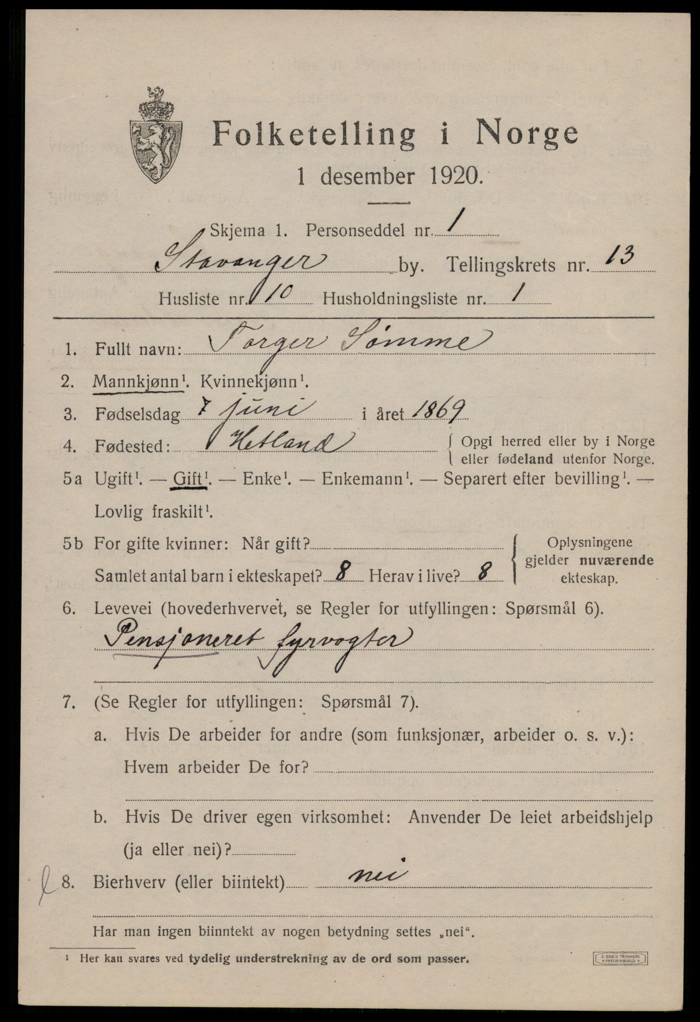 SAST, 1920 census for Stavanger, 1920, p. 57868