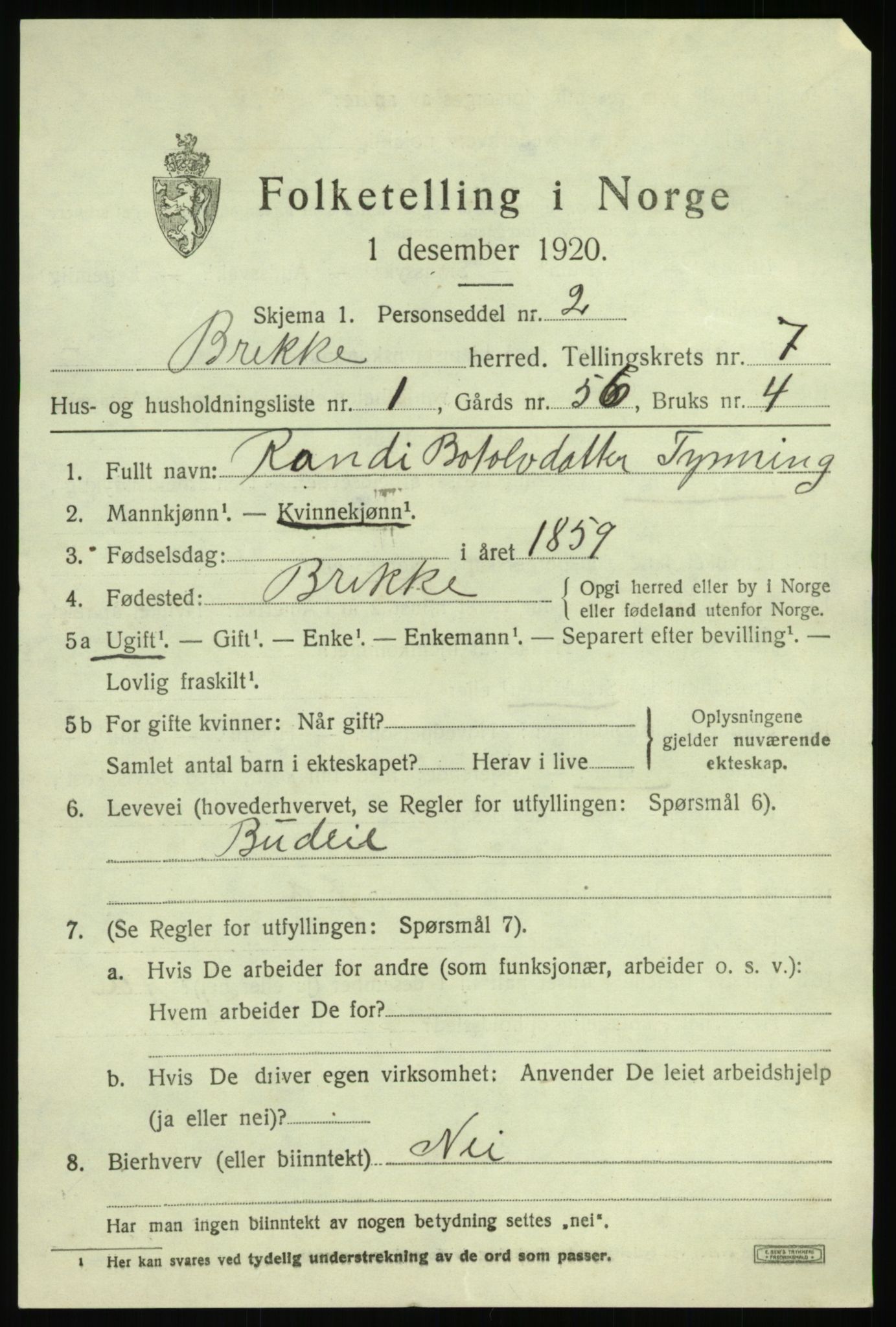 SAB, 1920 census for Brekke, 1920, p. 1480