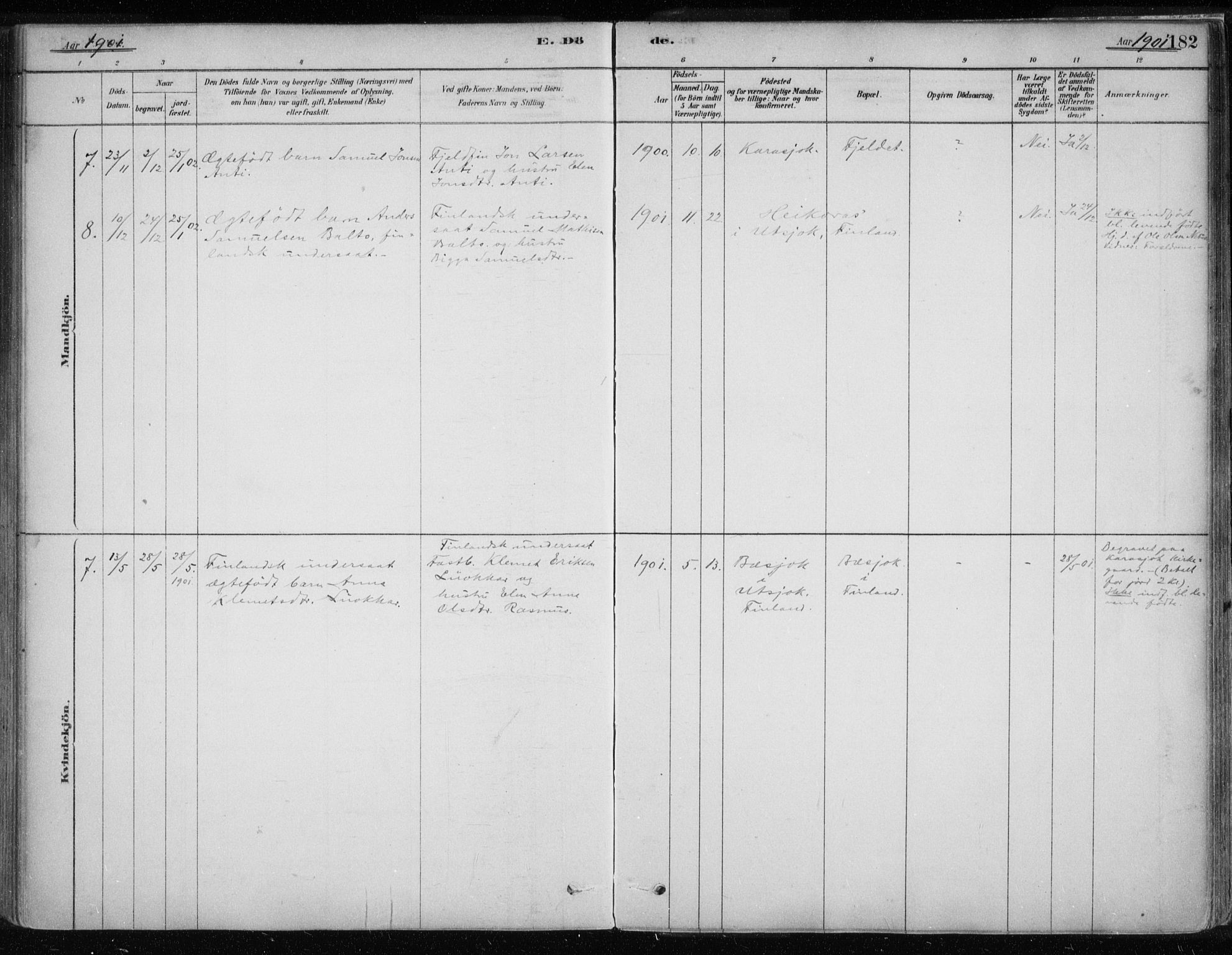 Karasjok sokneprestkontor, AV/SATØ-S-1352/H/Ha/L0002kirke: Parish register (official) no. 2, 1885-1906, p. 182