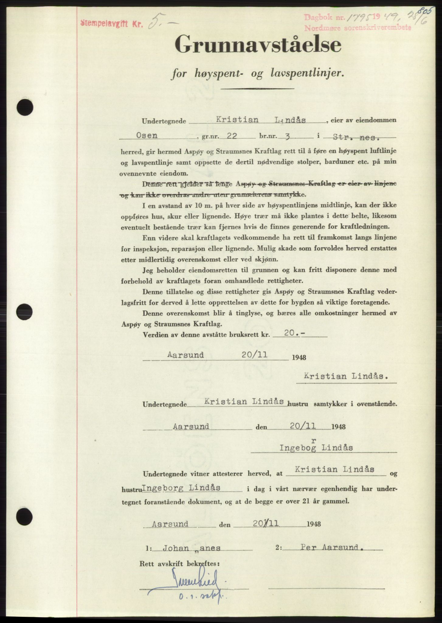 Nordmøre sorenskriveri, AV/SAT-A-4132/1/2/2Ca: Mortgage book no. B101, 1949-1949, Diary no: : 1795/1949