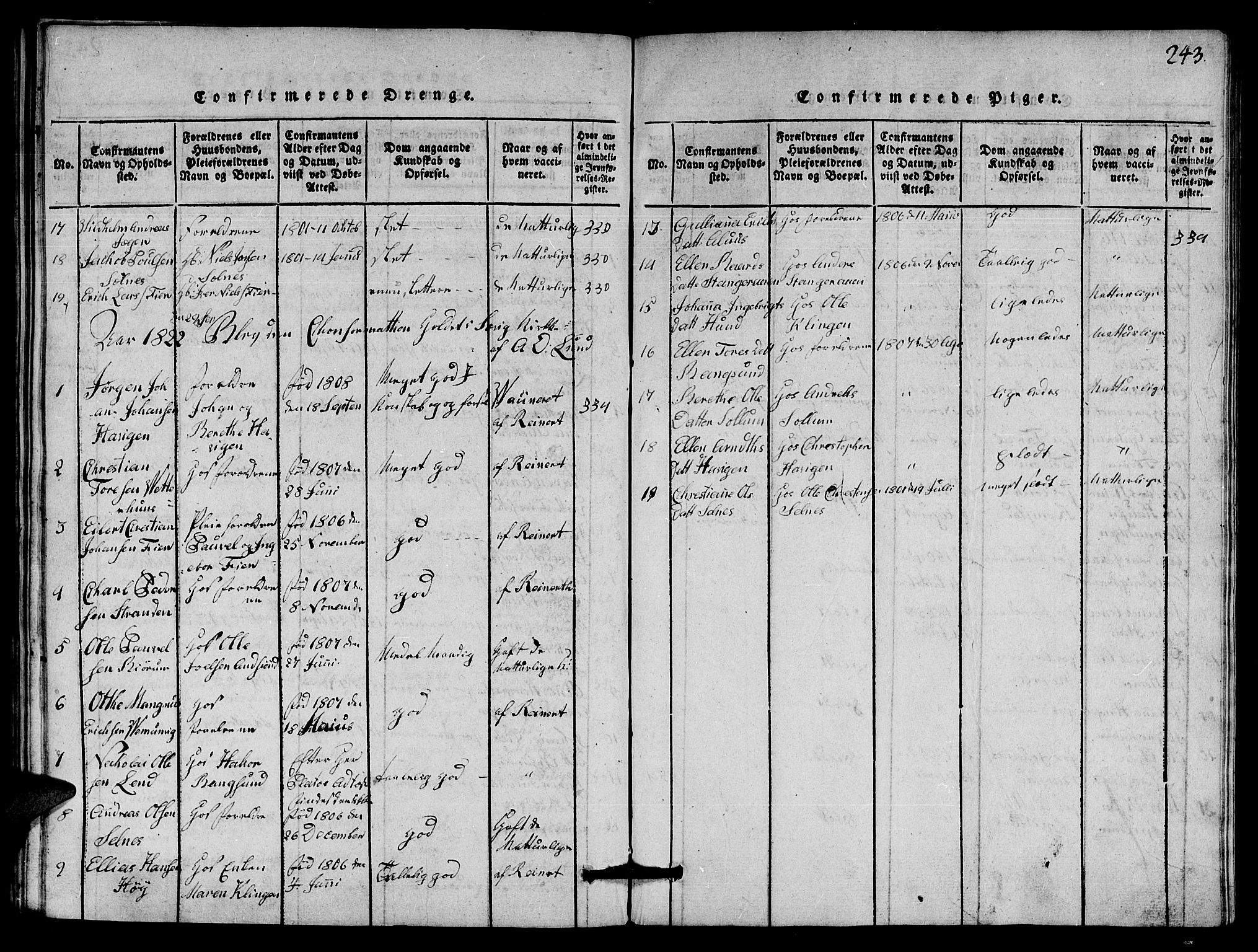 Ministerialprotokoller, klokkerbøker og fødselsregistre - Nord-Trøndelag, AV/SAT-A-1458/770/L0590: Parish register (copy) no. 770C01, 1815-1824, p. 243