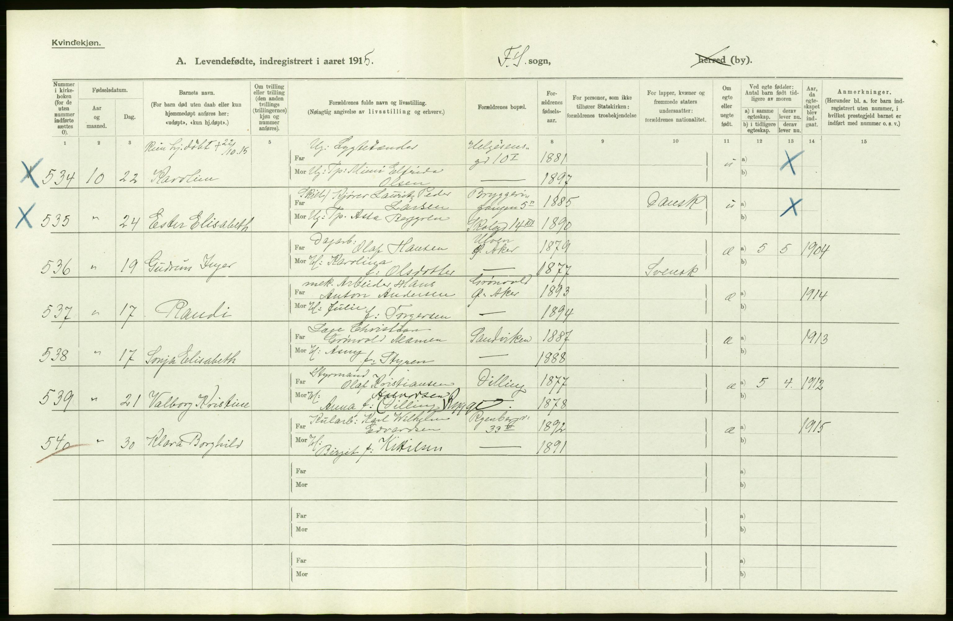 Statistisk sentralbyrå, Sosiodemografiske emner, Befolkning, AV/RA-S-2228/D/Df/Dfb/Dfbe/L0007: Kristiania: Levendefødte menn og kvinner., 1915, p. 26