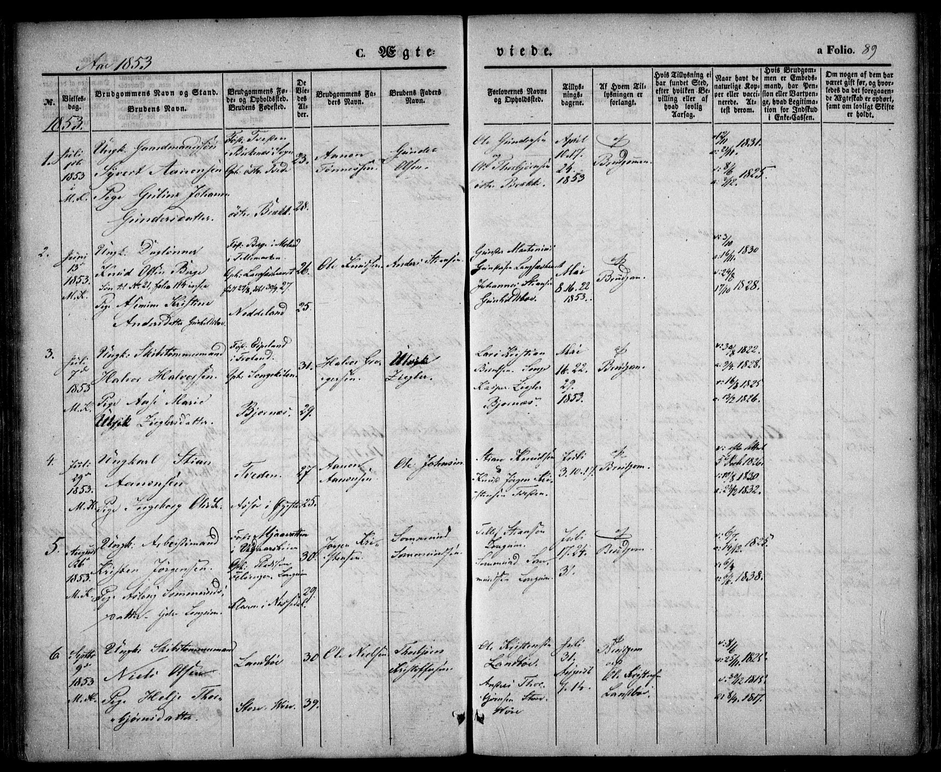 Austre Moland sokneprestkontor, SAK/1111-0001/F/Fa/Faa/L0007: Parish register (official) no. A 7, 1847-1857, p. 89