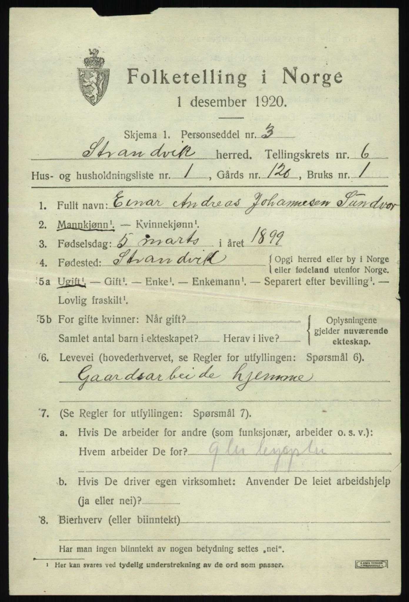 SAB, 1920 census for Strandvik, 1920, p. 4330