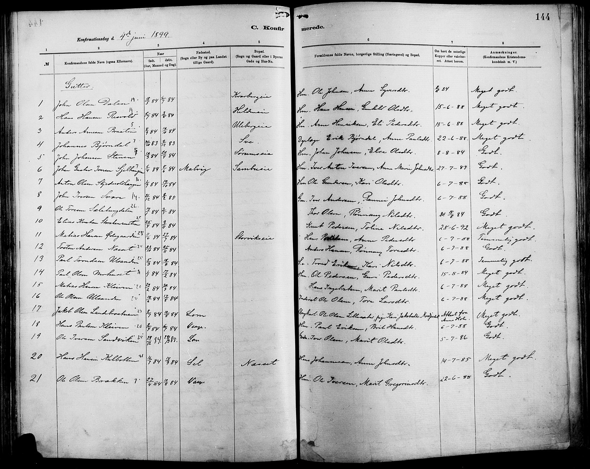 Vågå prestekontor, SAH/PREST-076/H/Ha/Haa/L0009: Parish register (official) no. 9, 1886-1904, p. 144