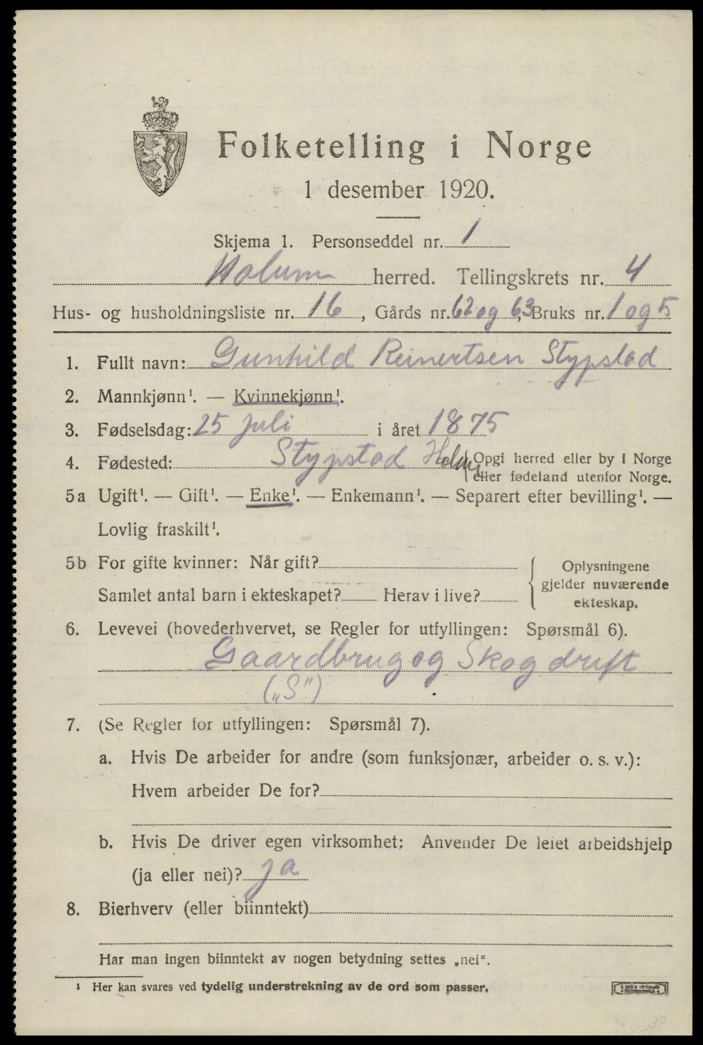 SAK, 1920 census for Holum, 1920, p. 2089