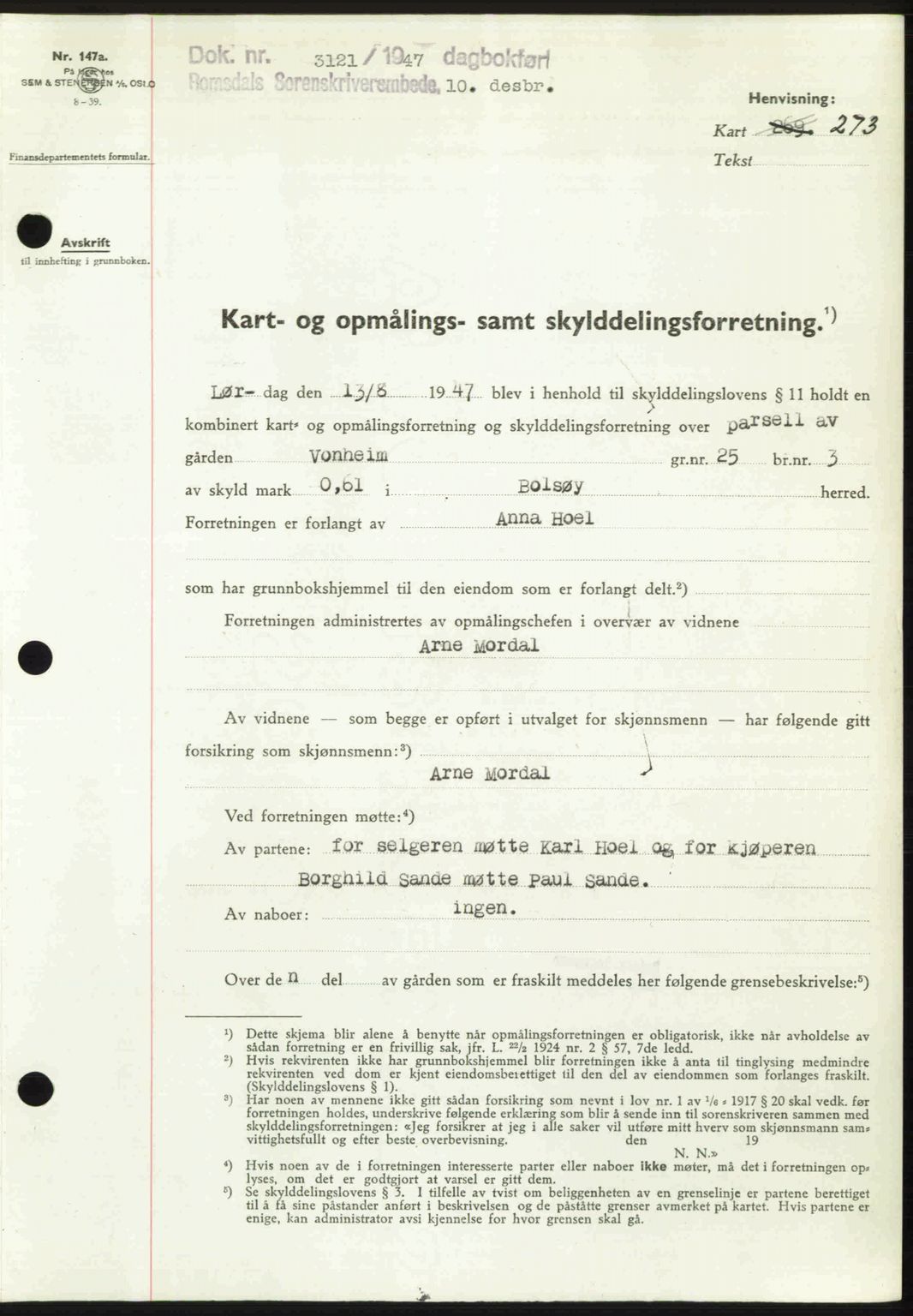 Romsdal sorenskriveri, SAT/A-4149/1/2/2C: Mortgage book no. A24, 1947-1947, Diary no: : 3121/1947