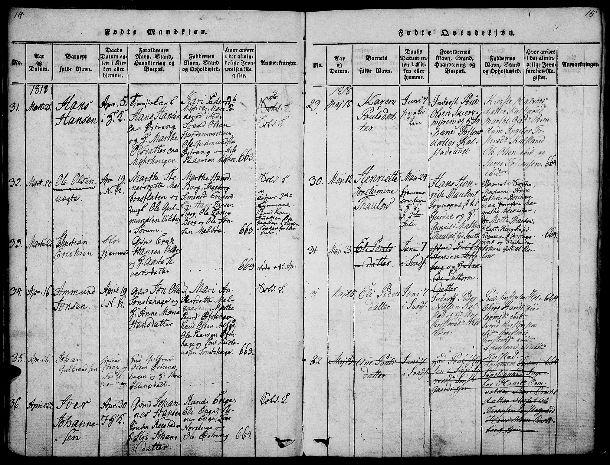 Gausdal prestekontor, AV/SAH-PREST-090/H/Ha/Haa/L0005: Parish register (official) no. 5, 1817-1829, p. 14-15