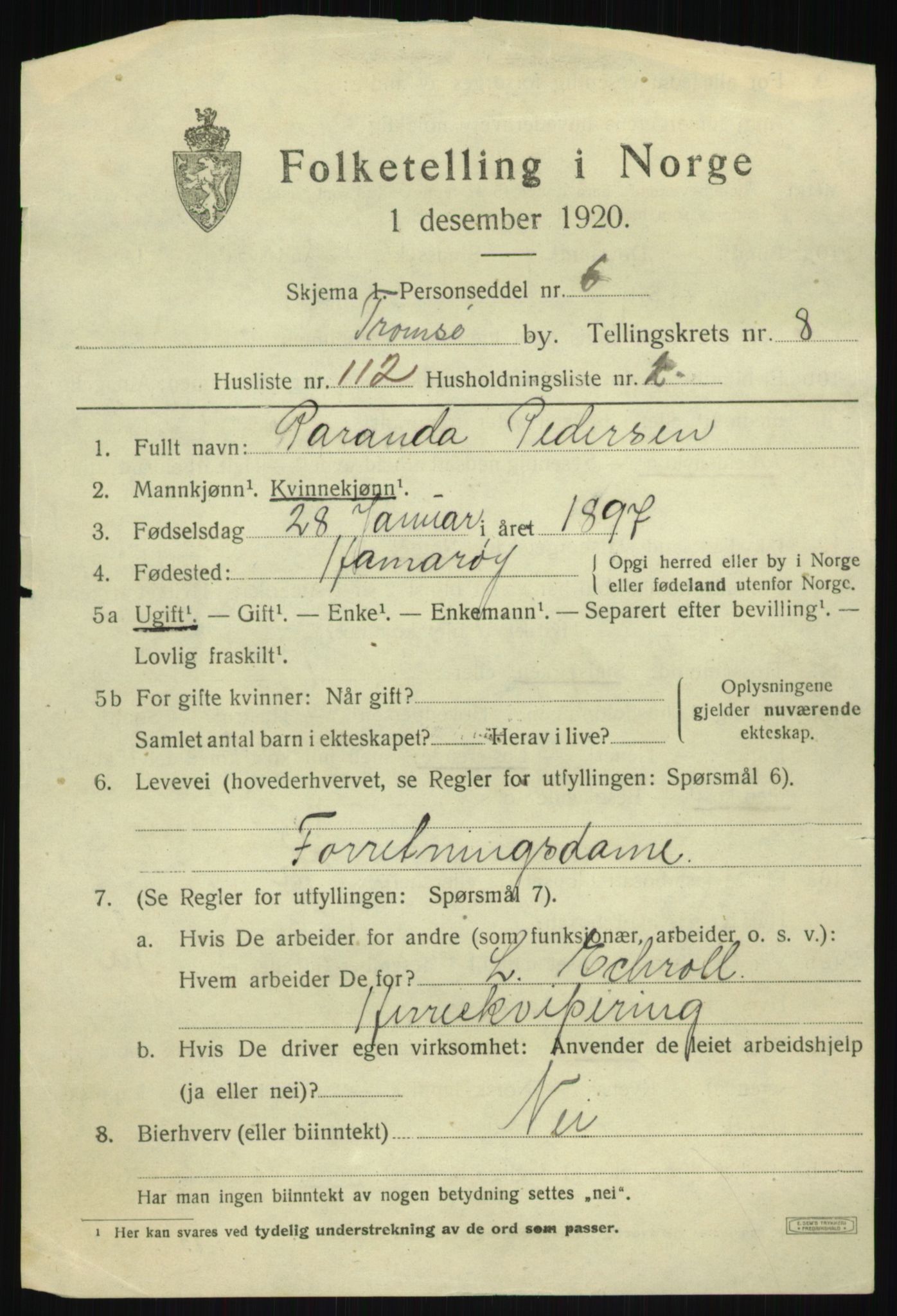SATØ, 1920 census for Tromsø, 1920, p. 18694