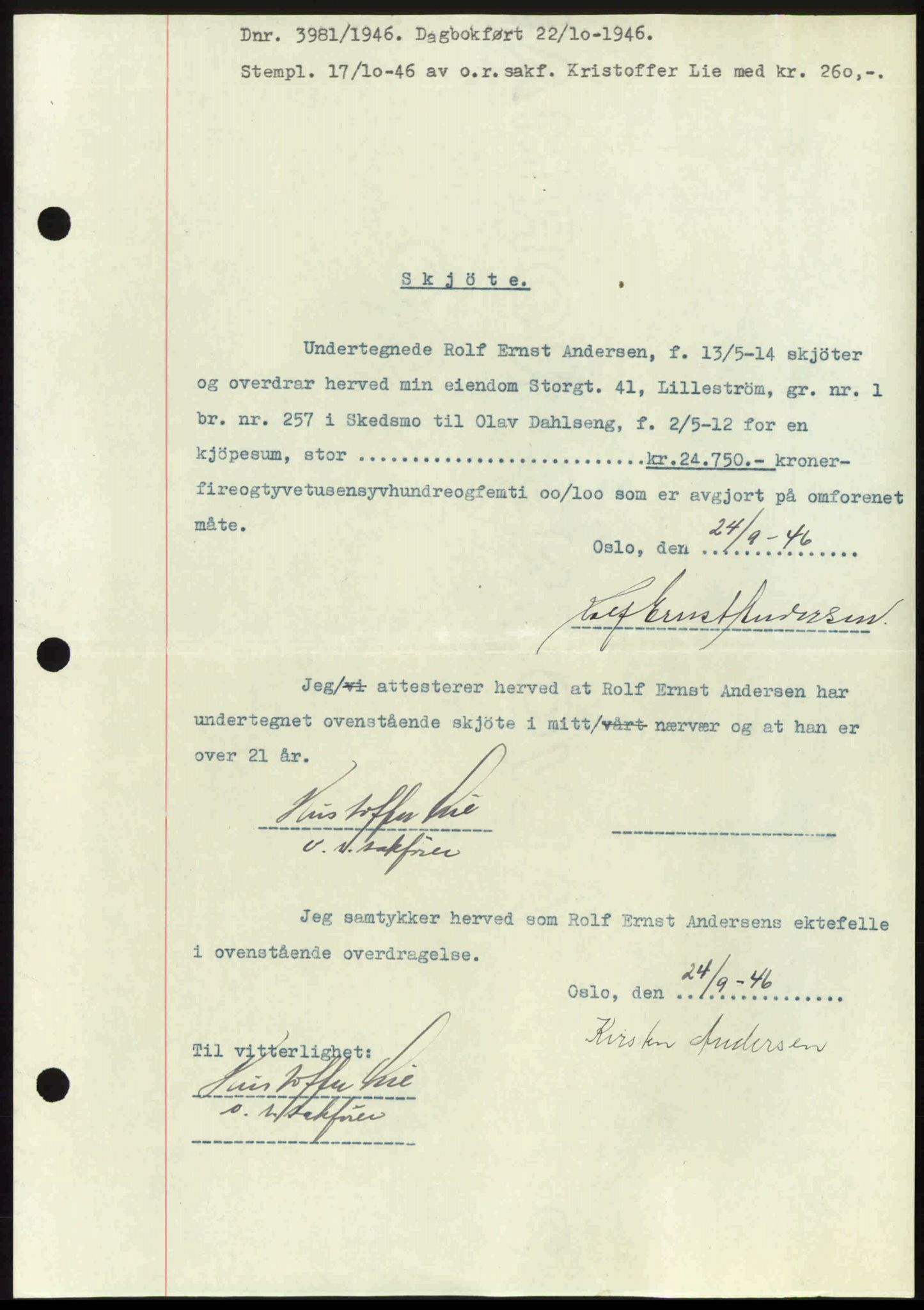 Nedre Romerike sorenskriveri, AV/SAO-A-10469/G/Gb/Gbd/L0017: Mortgage book no. 17, 1946-1946, Diary no: : 3981/1946