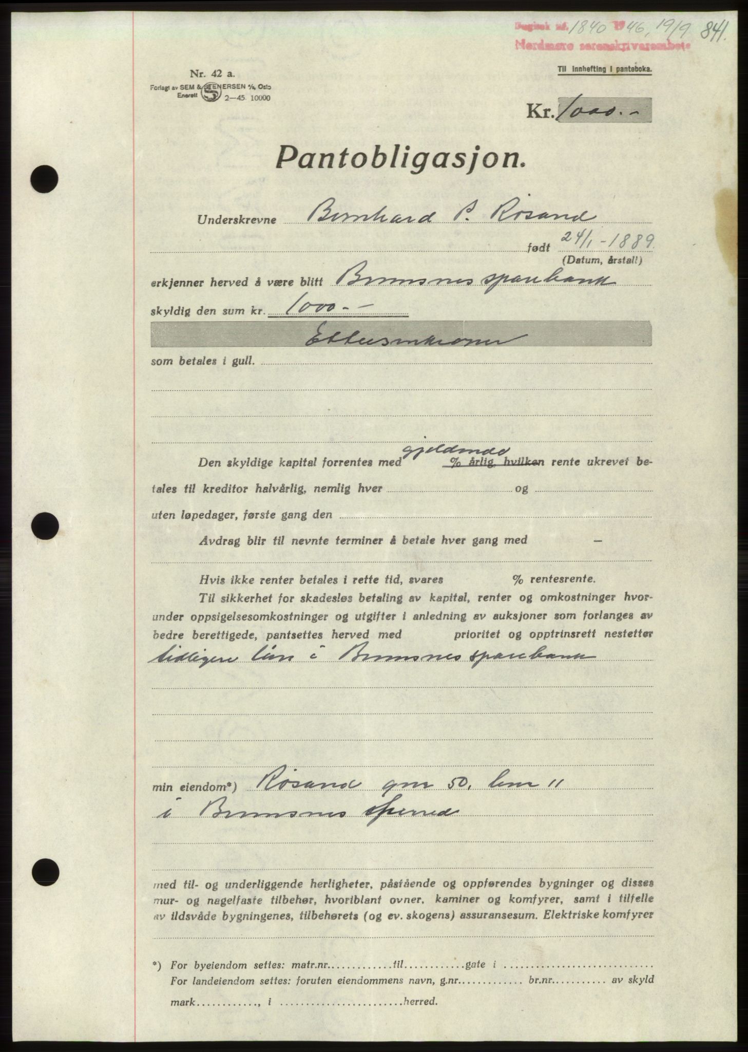 Nordmøre sorenskriveri, AV/SAT-A-4132/1/2/2Ca: Mortgage book no. B94, 1946-1946, Diary no: : 1840/1946