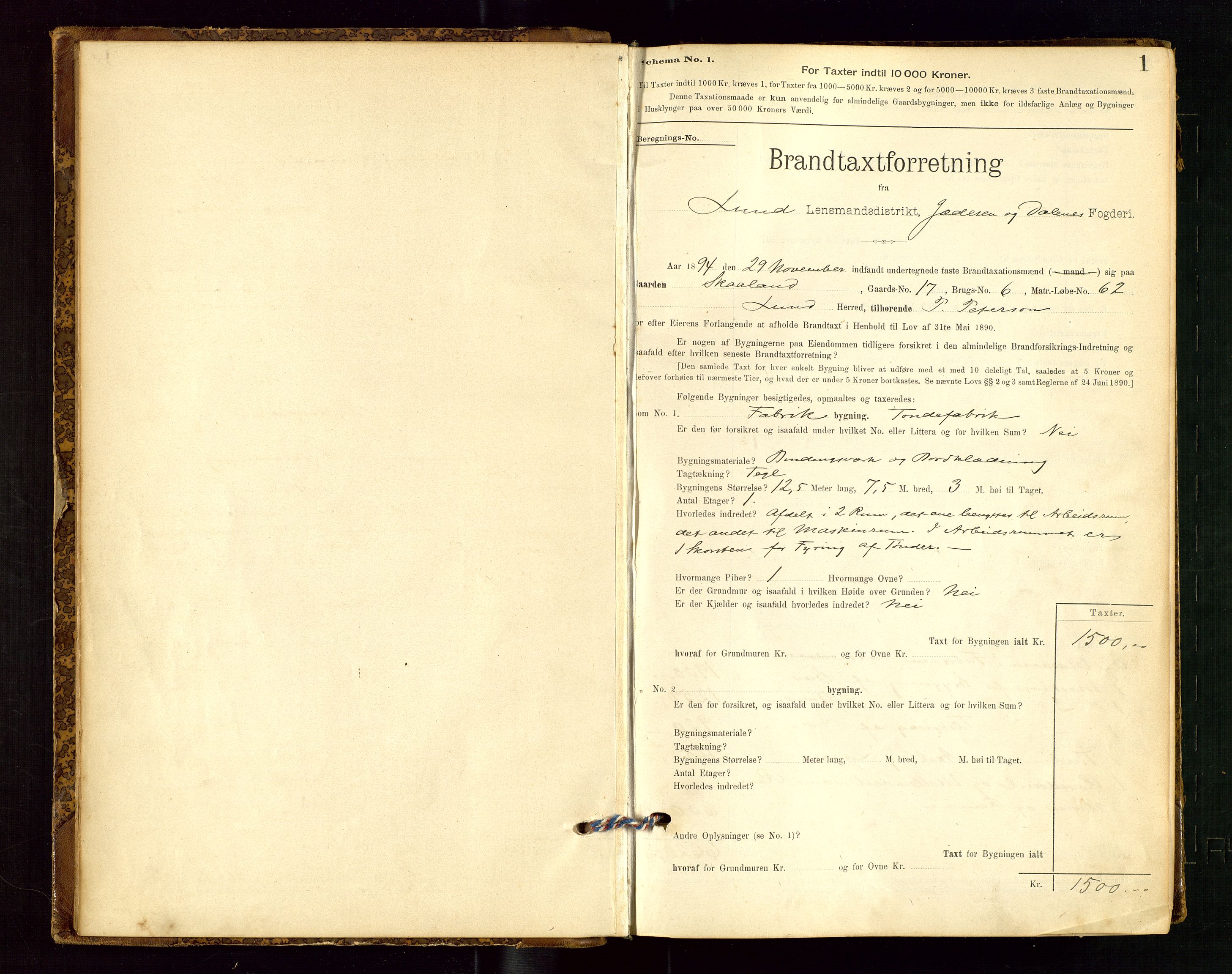 Lund lensmannskontor, AV/SAST-A-100303/Gob/L0001: "Brandtakstprotokol", 1894-1907, p. 1
