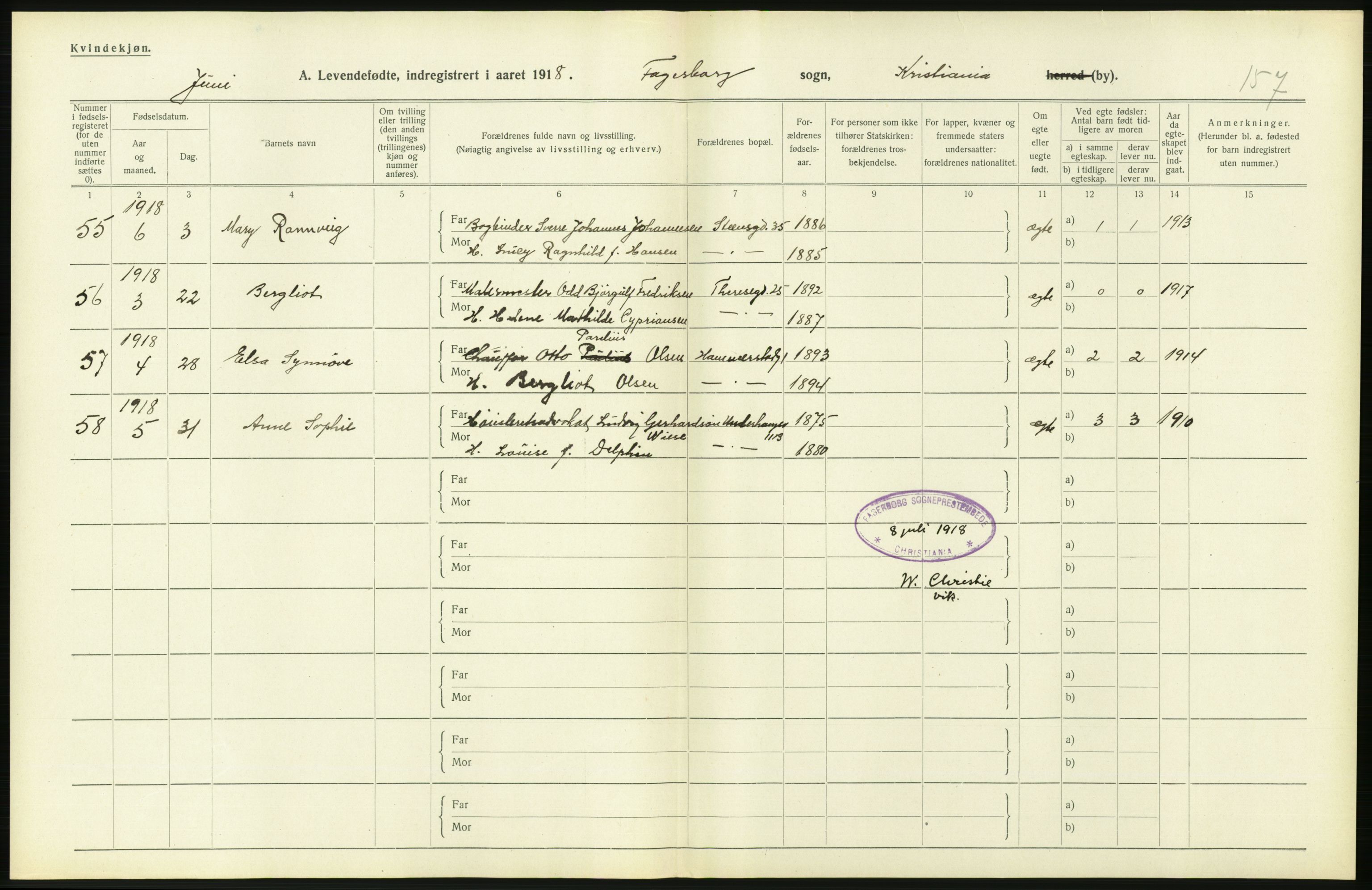 Statistisk sentralbyrå, Sosiodemografiske emner, Befolkning, AV/RA-S-2228/D/Df/Dfb/Dfbh/L0007: Kristiania: Levendefødte menn og kvinner., 1918, p. 372