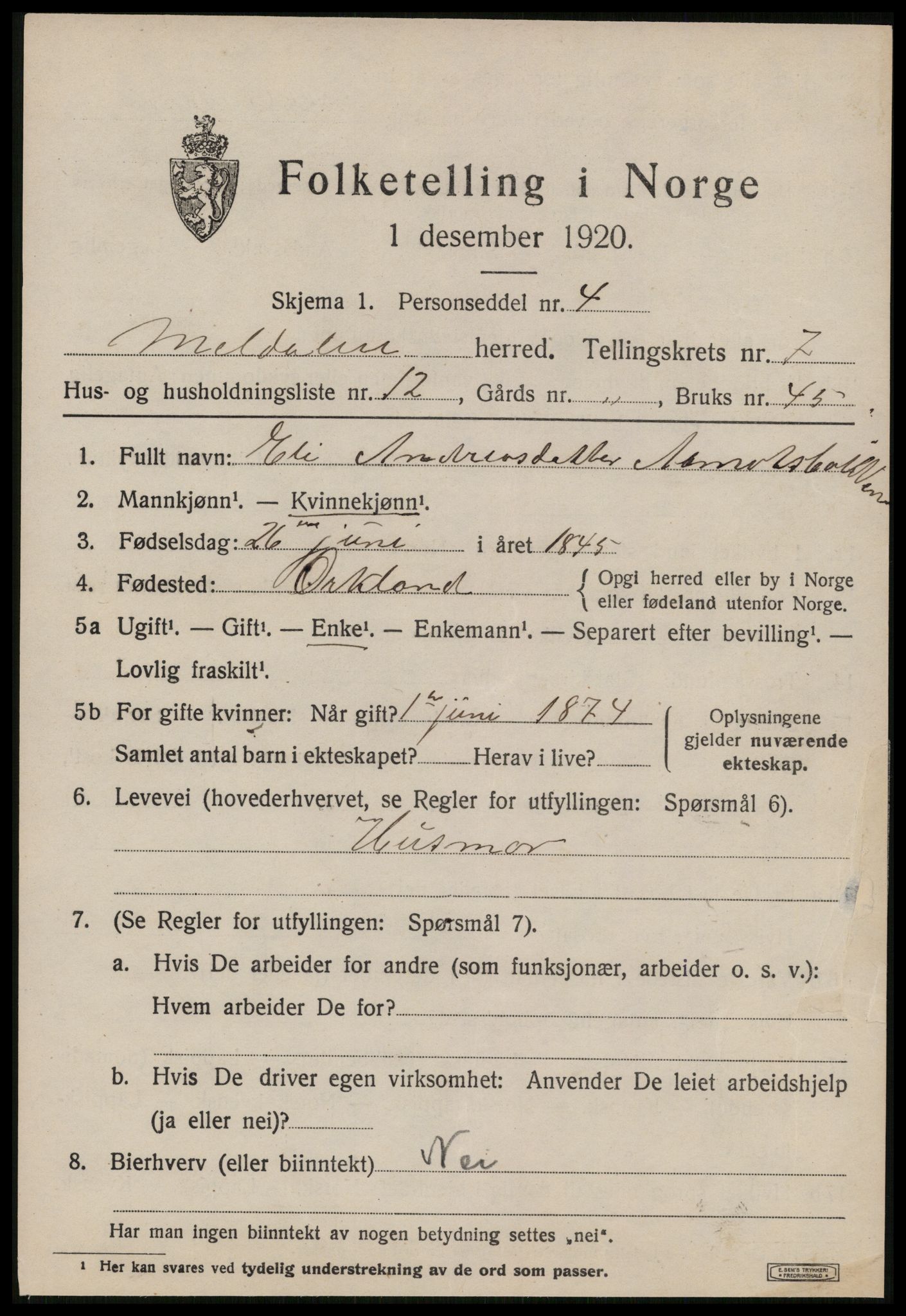 SAT, 1920 census for Meldal, 1920, p. 7401