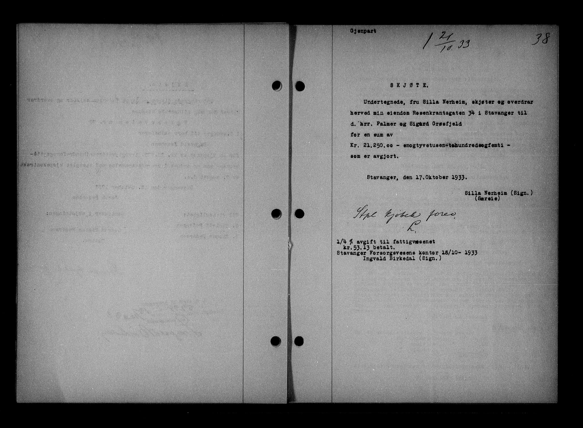 Stavanger byrett, SAST/A-100455/001/4/41/410BB/L0005: Mortgage book no. 55, 1933-1934, Deed date: 21.10.1933