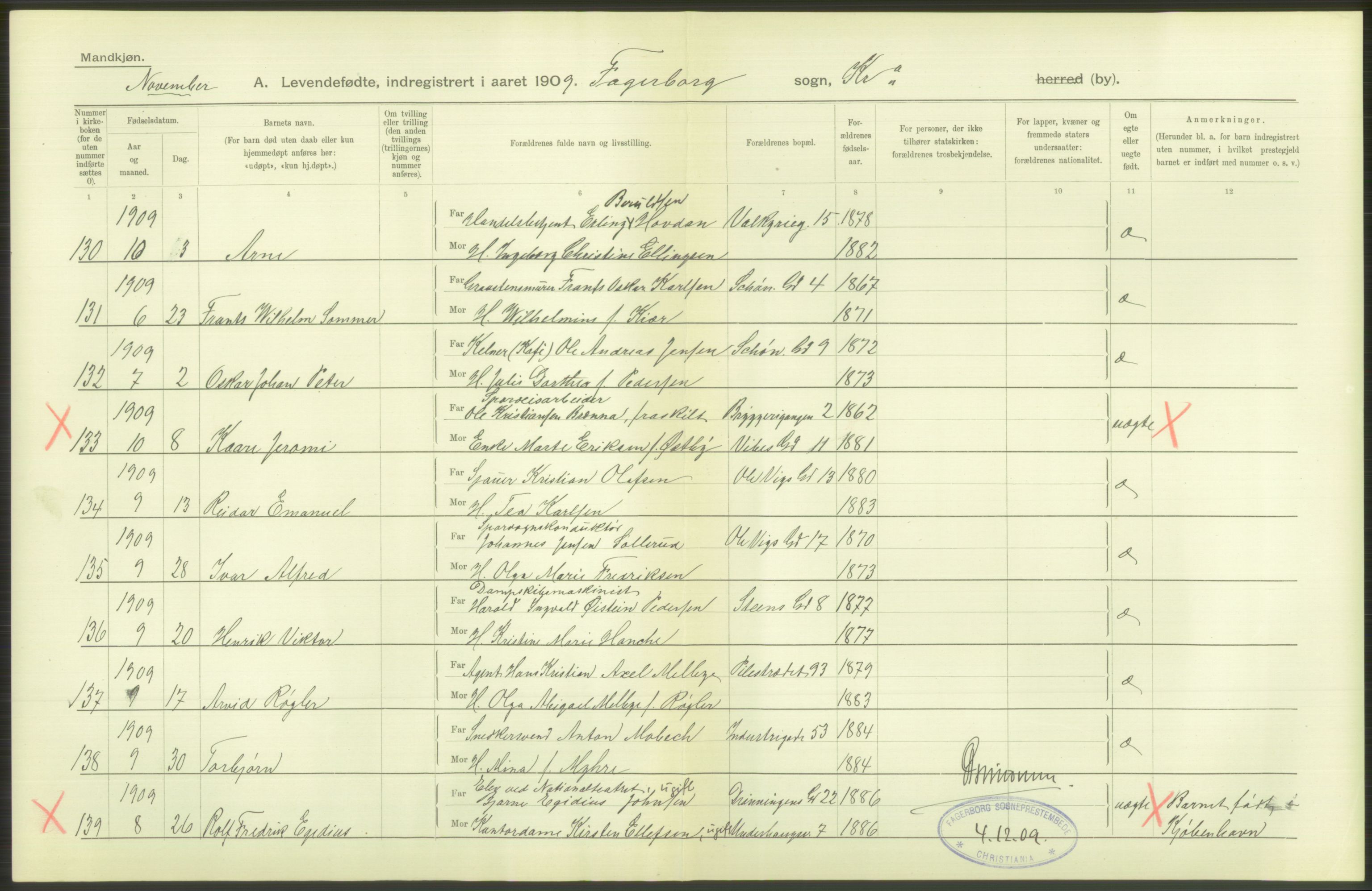 Statistisk sentralbyrå, Sosiodemografiske emner, Befolkning, RA/S-2228/D/Df/Dfa/Dfag/L0007: Kristiania: Levendefødte menn og kvinner., 1909, p. 70