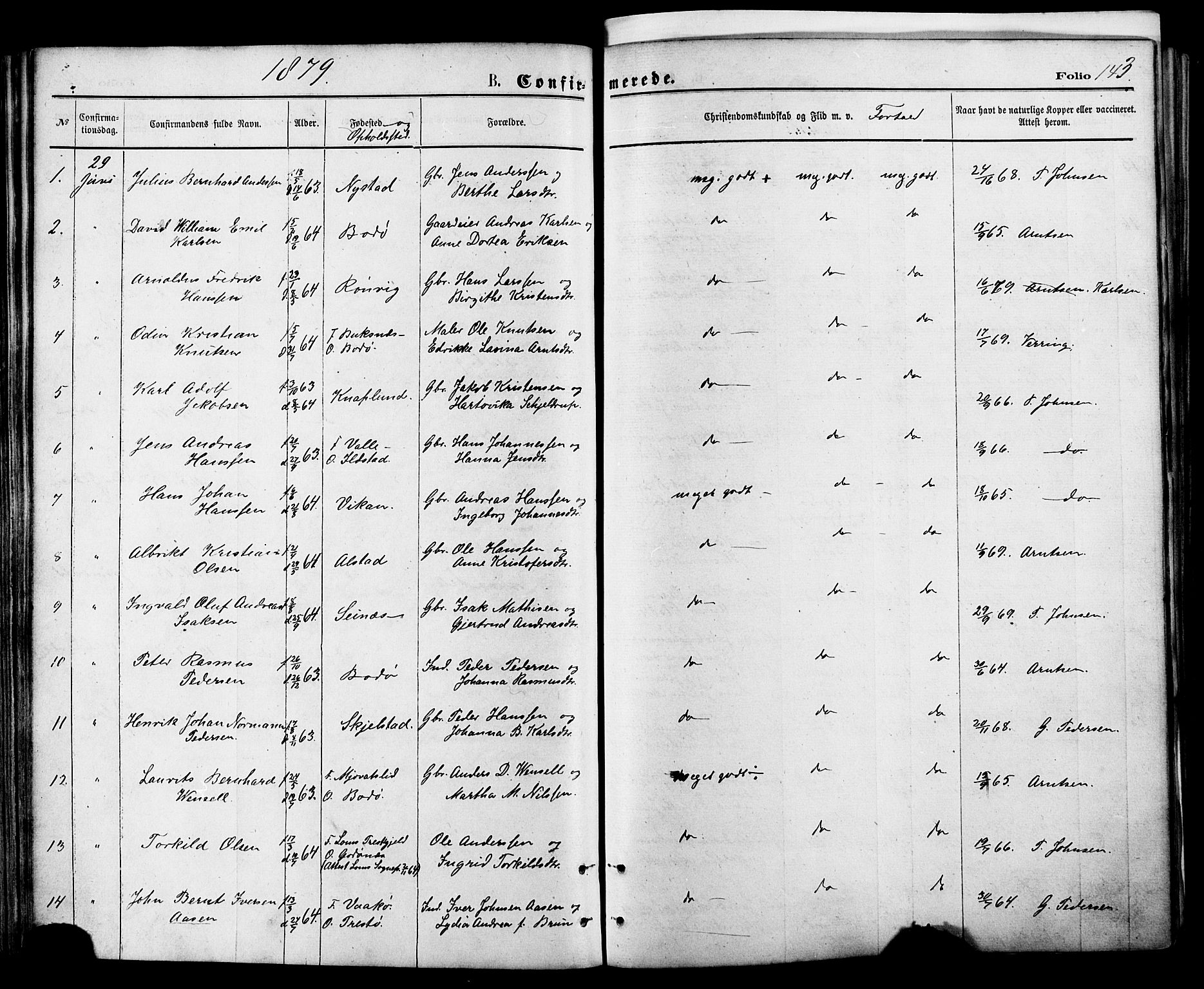 Ministerialprotokoller, klokkerbøker og fødselsregistre - Nordland, SAT/A-1459/801/L0009: Parish register (official) no. 801A09, 1876-1883, p. 143