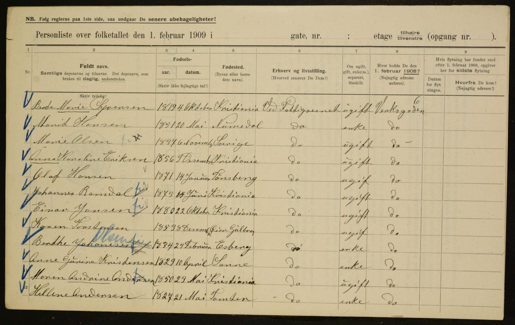 OBA, Municipal Census 1909 for Kristiania, 1909, p. 110618