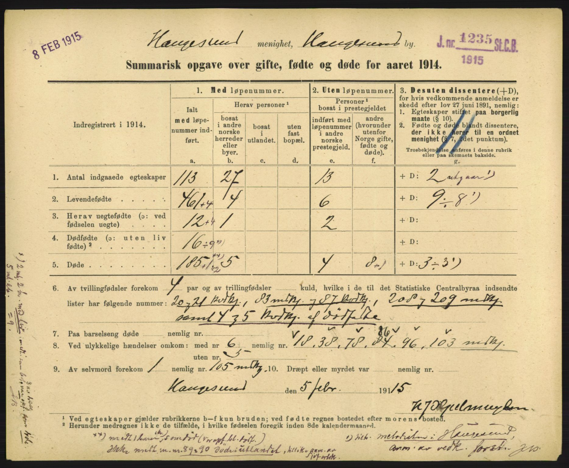 Statistisk sentralbyrå, Sosiodemografiske emner, Befolkning, RA/S-2228/D/Df/Dfb/Dfbd/L0049: Summariske oppgaver over gifte, døde og fødte for hele landet., 1914, p. 823