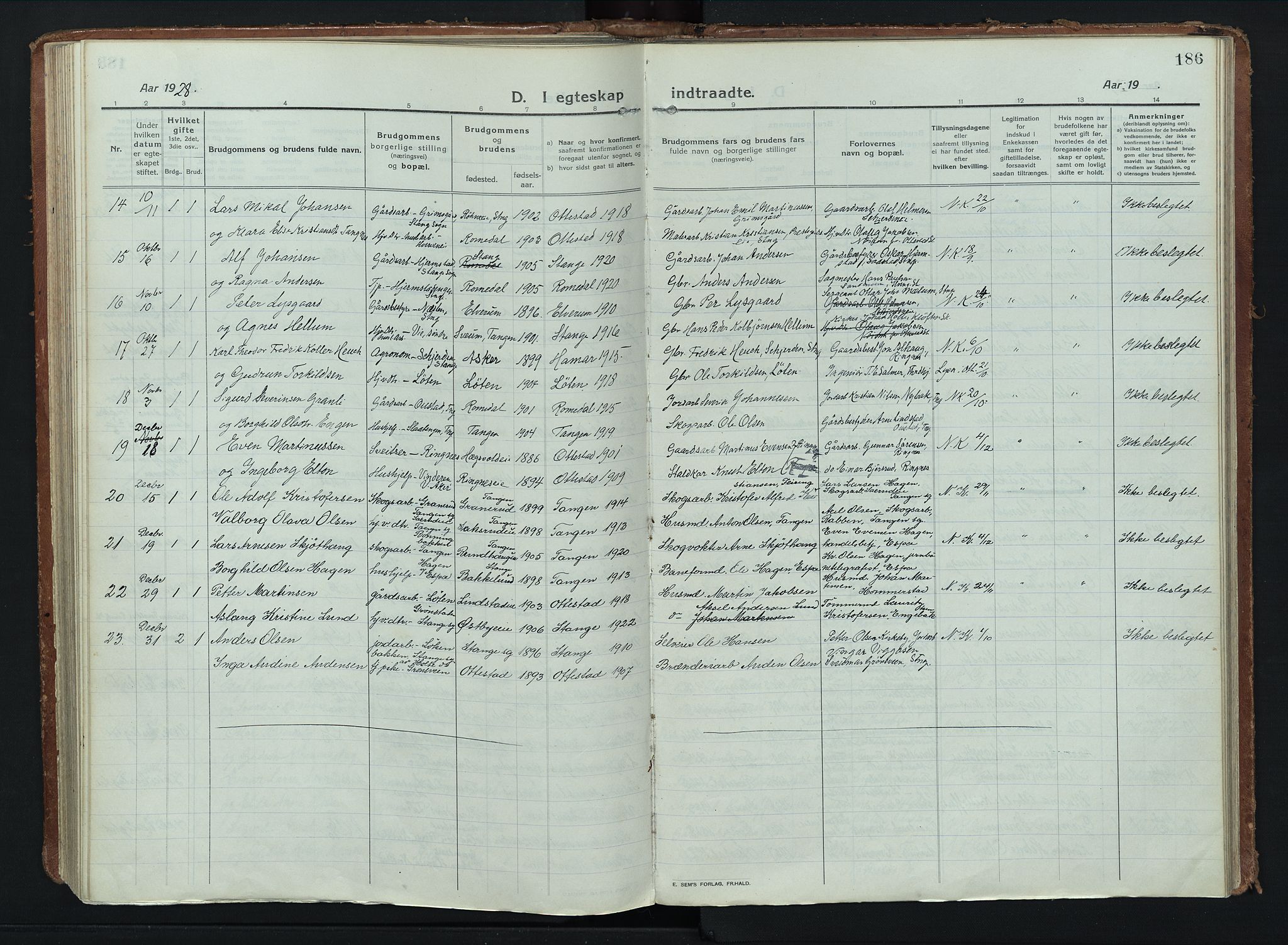 Stange prestekontor, SAH/PREST-002/K/L0028: Parish register (official) no. 28, 1913-1932, p. 186