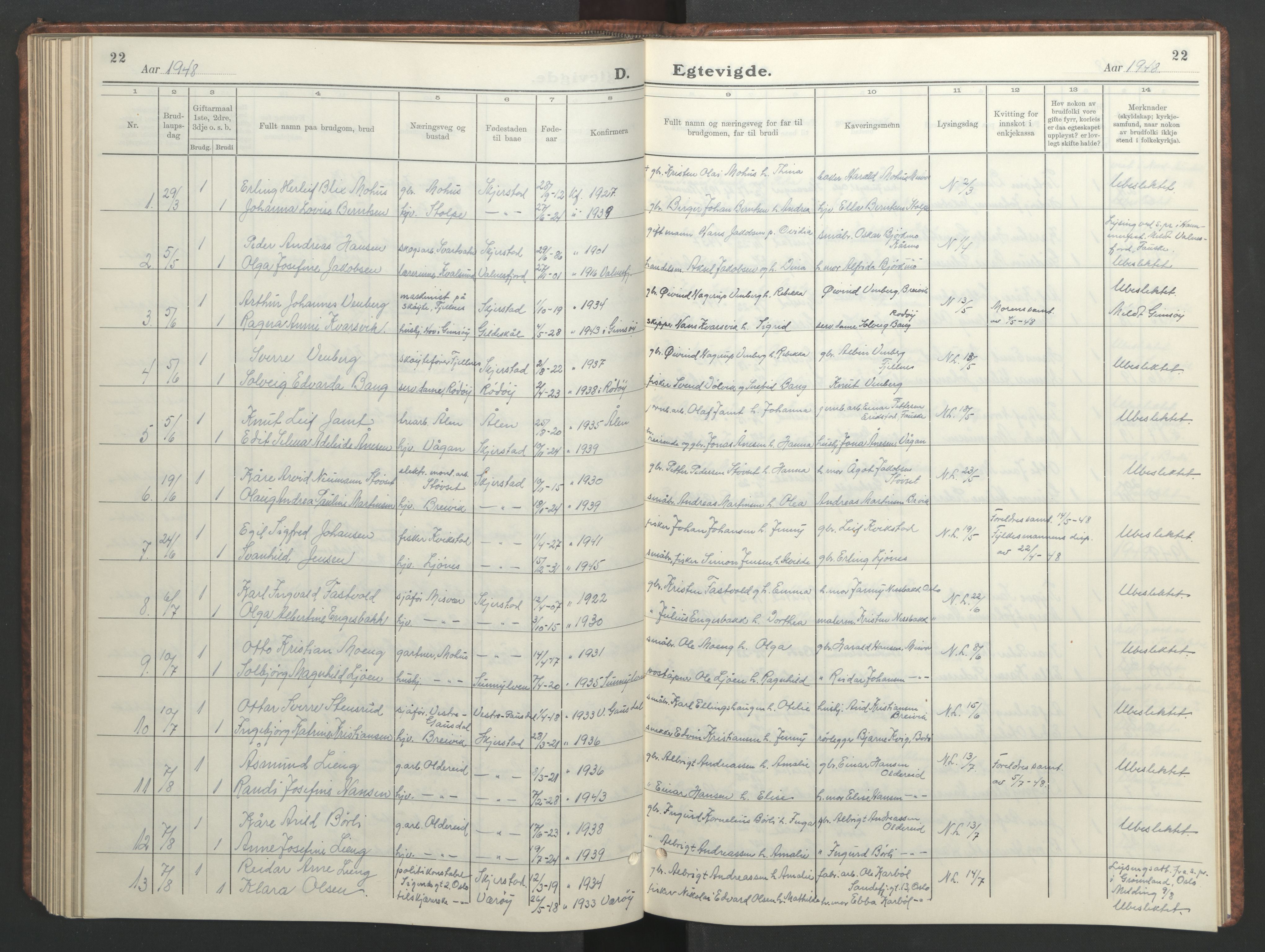 Ministerialprotokoller, klokkerbøker og fødselsregistre - Nordland, AV/SAT-A-1459/852/L0758: Parish register (copy) no. 852C09, 1935-1952, p. 22