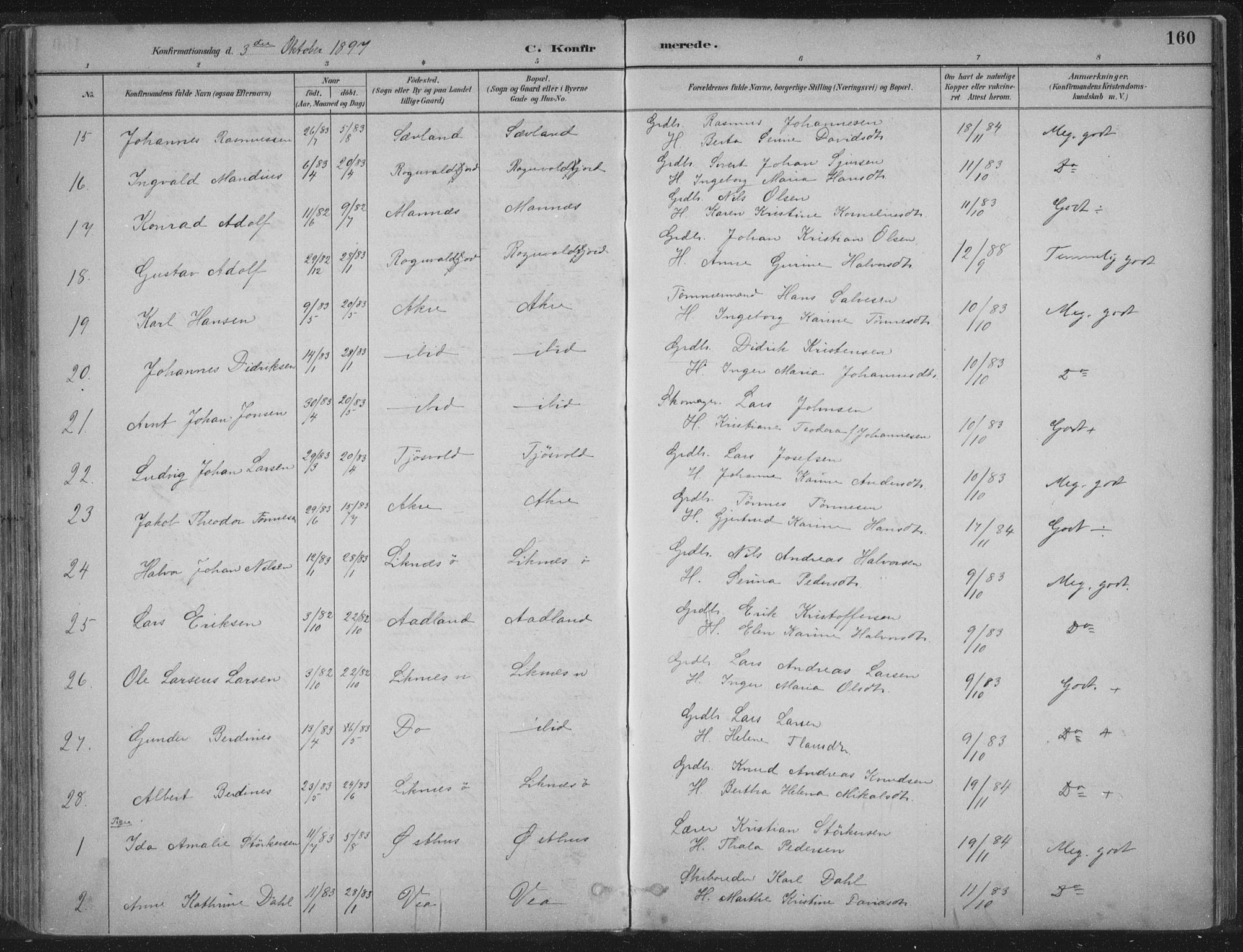 Kopervik sokneprestkontor, SAST/A-101850/H/Ha/Haa/L0004: Parish register (official) no. A 4, 1882-1905, p. 160