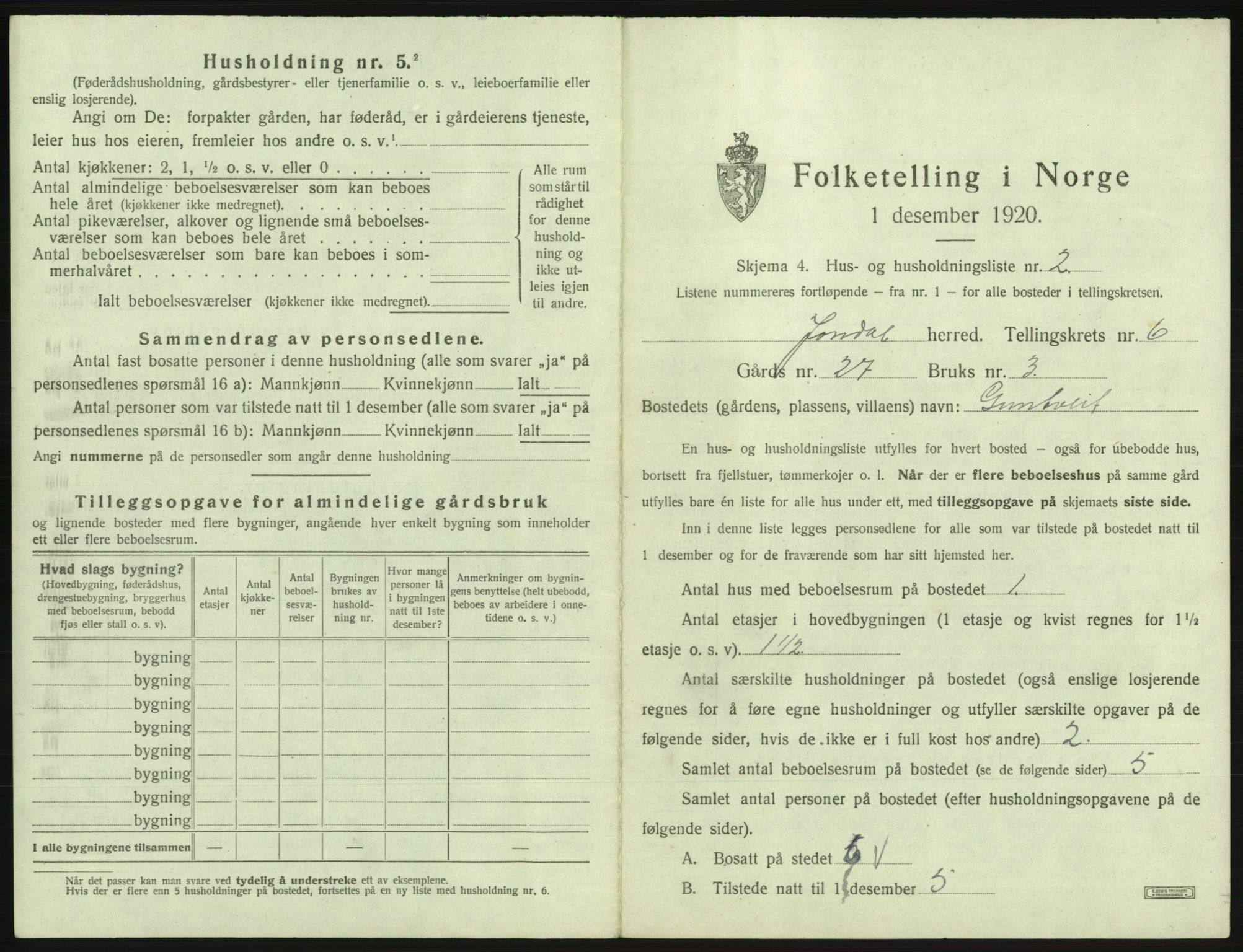 SAB, 1920 census for Jondal, 1920, p. 416