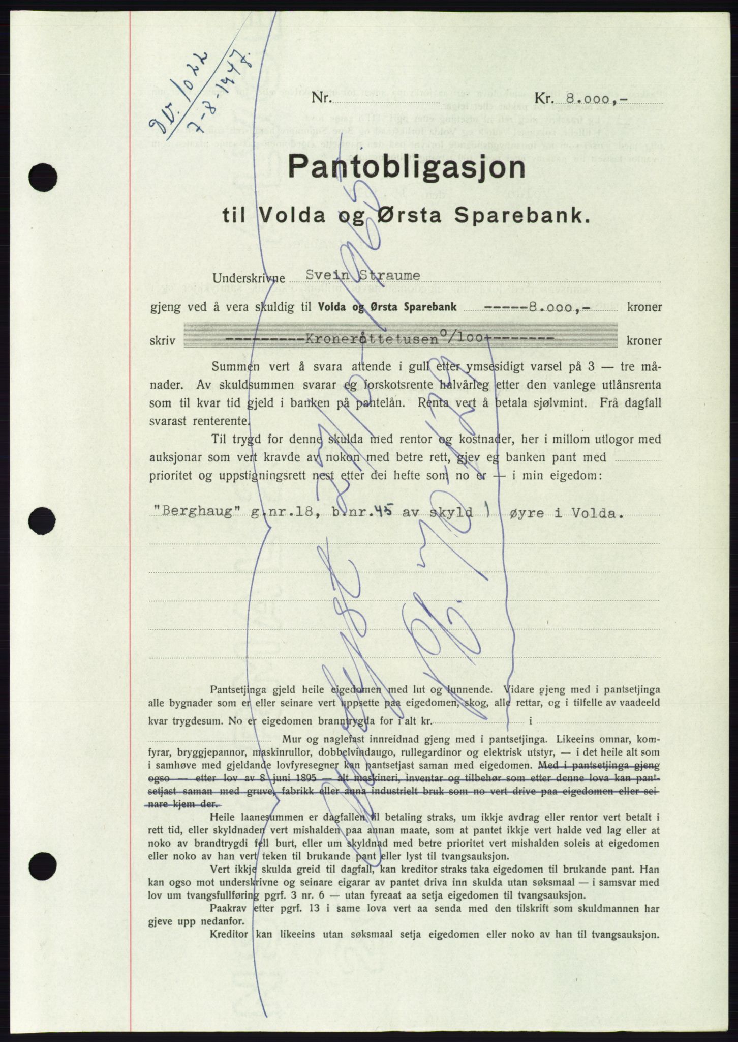 Søre Sunnmøre sorenskriveri, AV/SAT-A-4122/1/2/2C/L0115: Mortgage book no. 3B, 1947-1948, Diary no: : 1022/1947