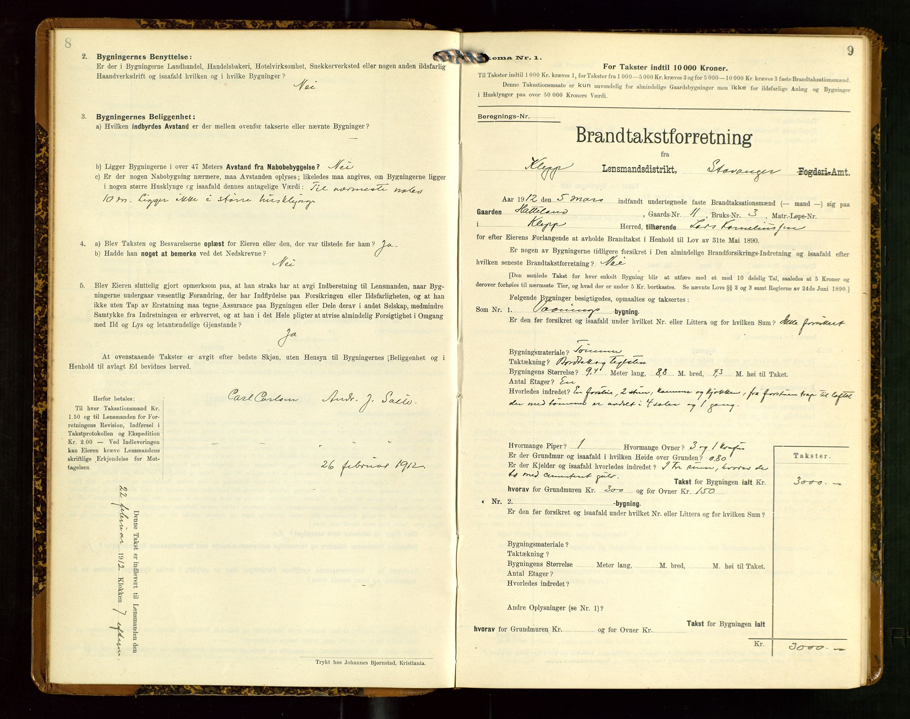 Klepp lensmannskontor, SAST/A-100163/Goc/L0007: "Brandtaxationsprotokol" m/register, 1911-1915, p. 8-9