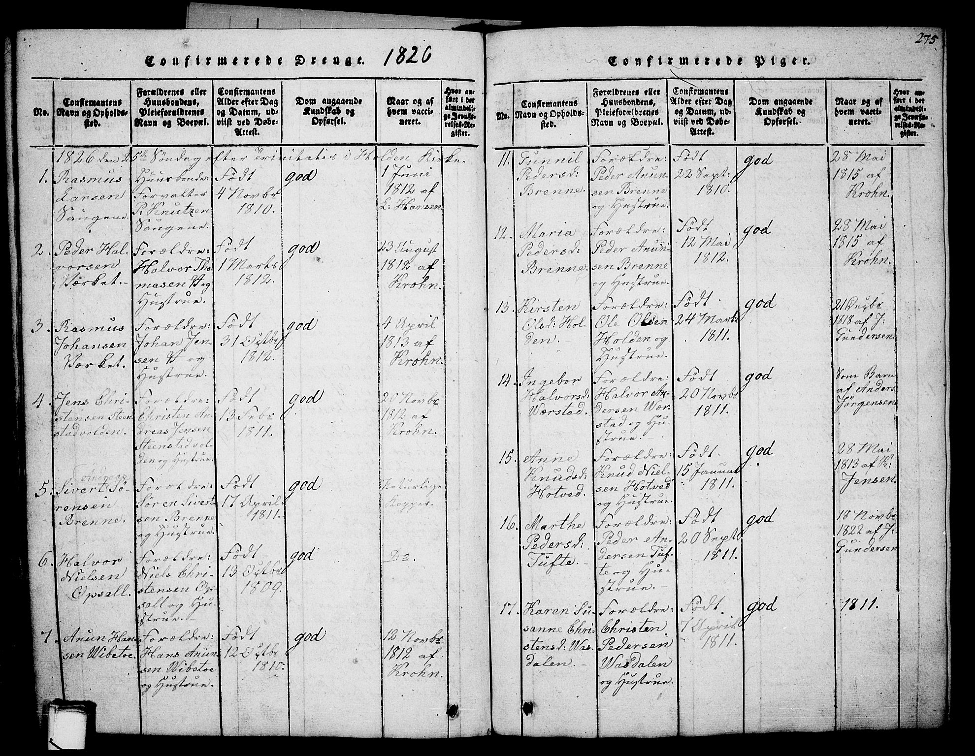 Holla kirkebøker, AV/SAKO-A-272/G/Ga/L0001: Parish register (copy) no. I 1, 1814-1830, p. 275